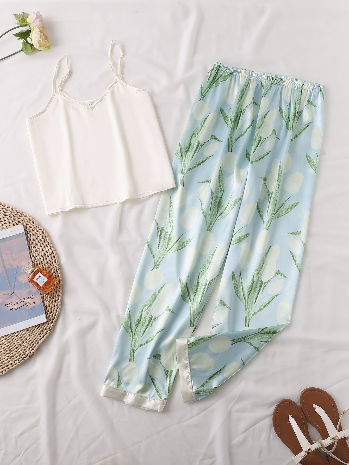 2pcs Elegant Satin Apricot Suspender Top and Tulip Print Pants Set for Women - Sleeveless, Button Detail, All-Season Sleepwear, Home Wear, Adult Size, Elegant Sleepwear|Tulip Pattern Pants|Satin Apricot Top, Apricot Sleepwear