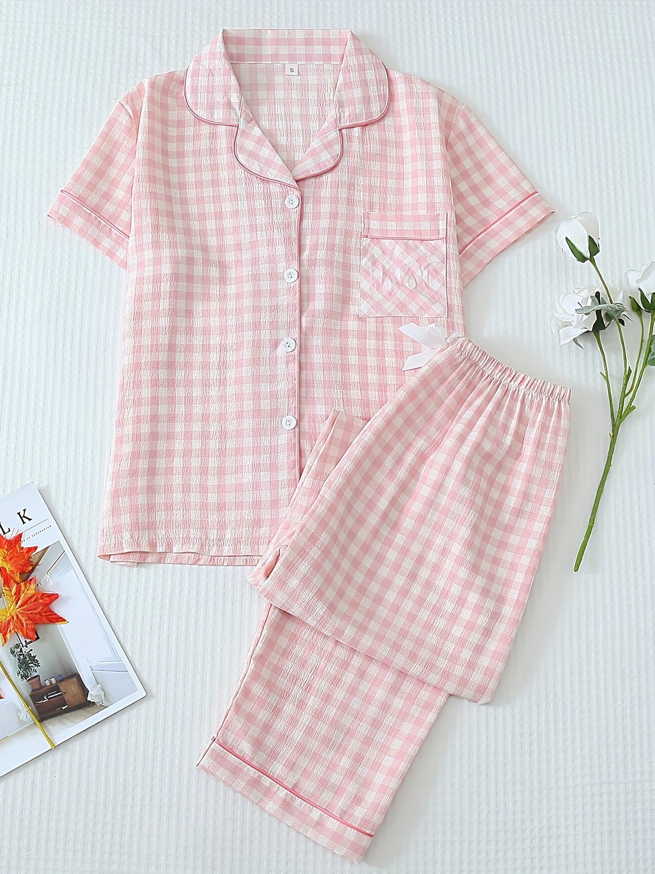 Checkered Print Pajama Set, Short-sleeved V-neck Button- Shirt And Stretch Trousers, Polyester Pajama Set, Machine Washable