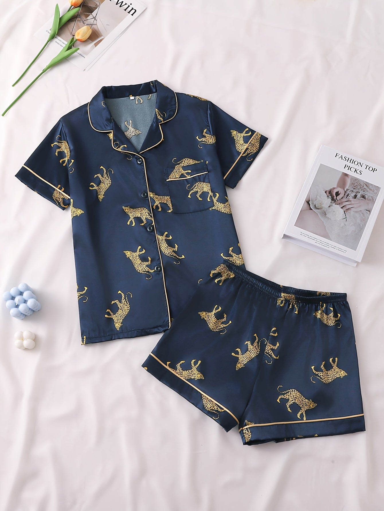 Women'S Green Tiger Print Satin Pajama Set - Elegant Two-Piece Loungewear with Button- Shirt & Shorts, Comfortable Casual Sleepwear for Bridesmaids & Casual Attire, Bridesmaid Outfit | Stylish Loungewear | Satin Finish, Ladies Pajamas