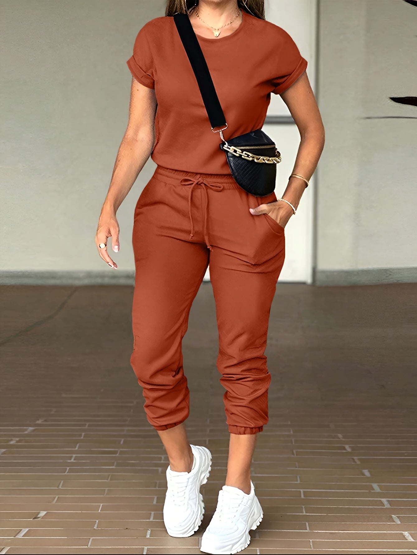 [Solid Color Suit] 2pcs Women Solid Color Casual Suit - Round Neck Short Sleeve Top And Drawstring Pocket Long Pants