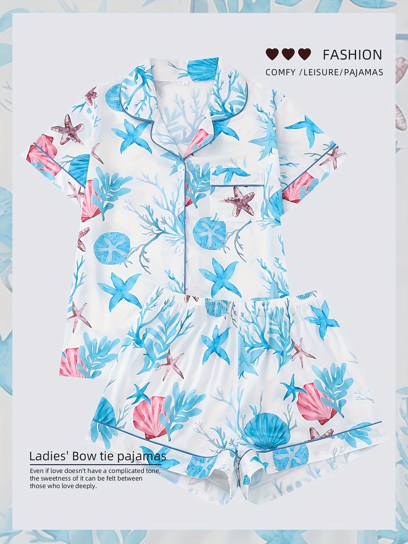 Two Piece Women'S Elegant Polyester Pajama Set, Knitted Fabric, Comfortable For All Seasons, Short Sleeved Button Top, Collar And Same Shorts, With Starfish Seaweed Print And Pocket Details, Suitable For Adult Pajama Set