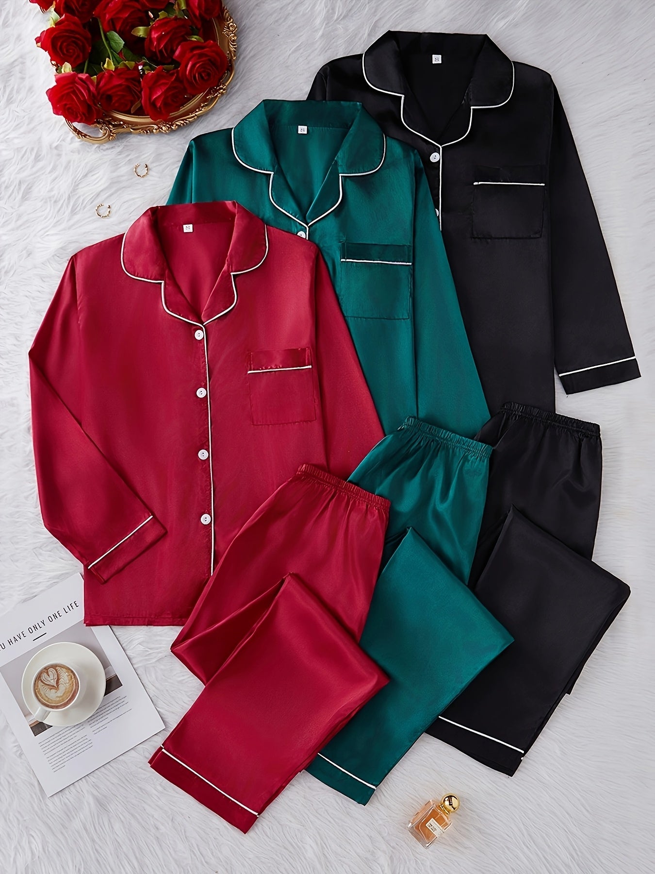3pcs Set Solid Color Pajama Suit for Women with Long Sleeves and Casual Home Wear