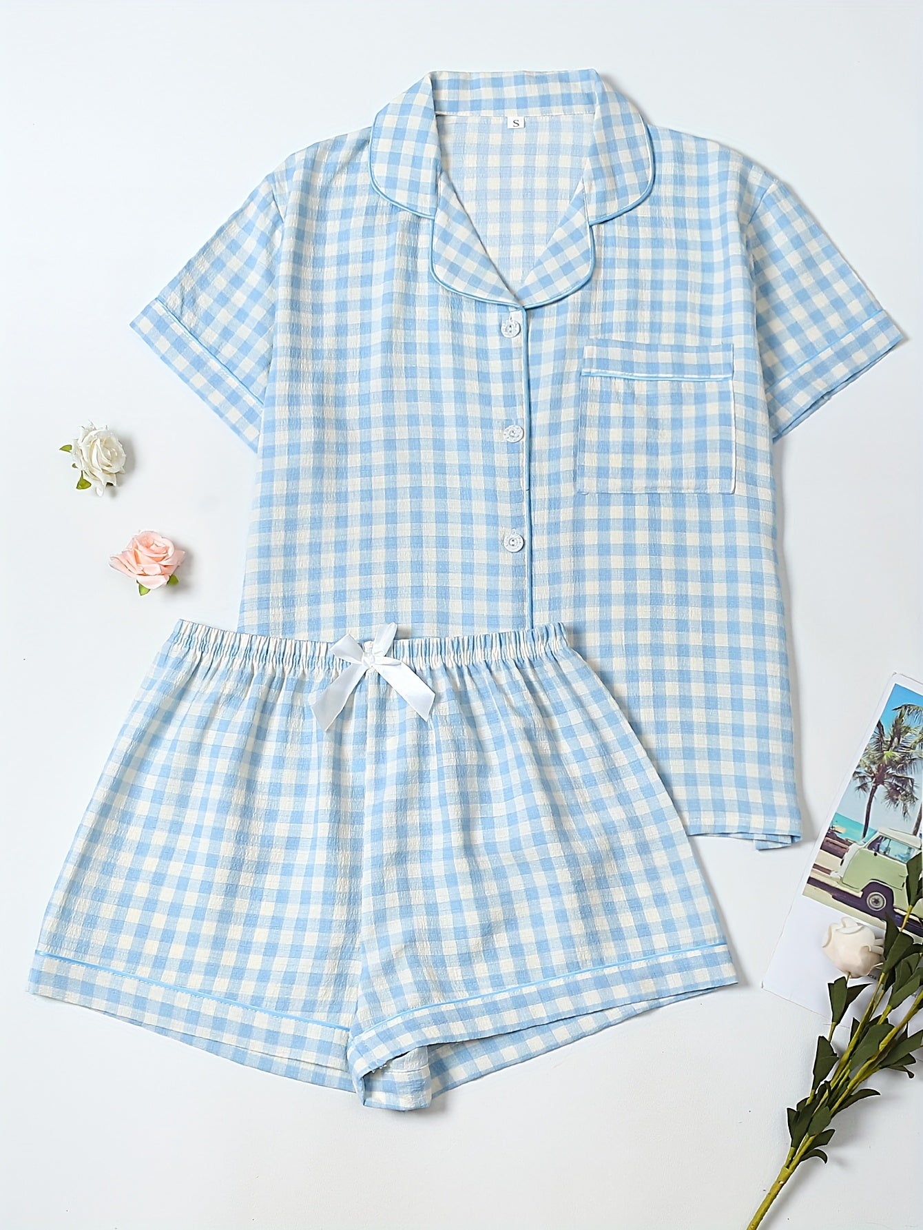 Women'S Casual Gingham Pajama Set - Short Sleeve Blouse with Button-Up & Shorts with Bow Detail, Soft & Breathable Fabric for Spring & Summer, Relaxed Fit, Casual Wear|Gingham Pattern|Short Sleeve Top, Gingham Pajamas