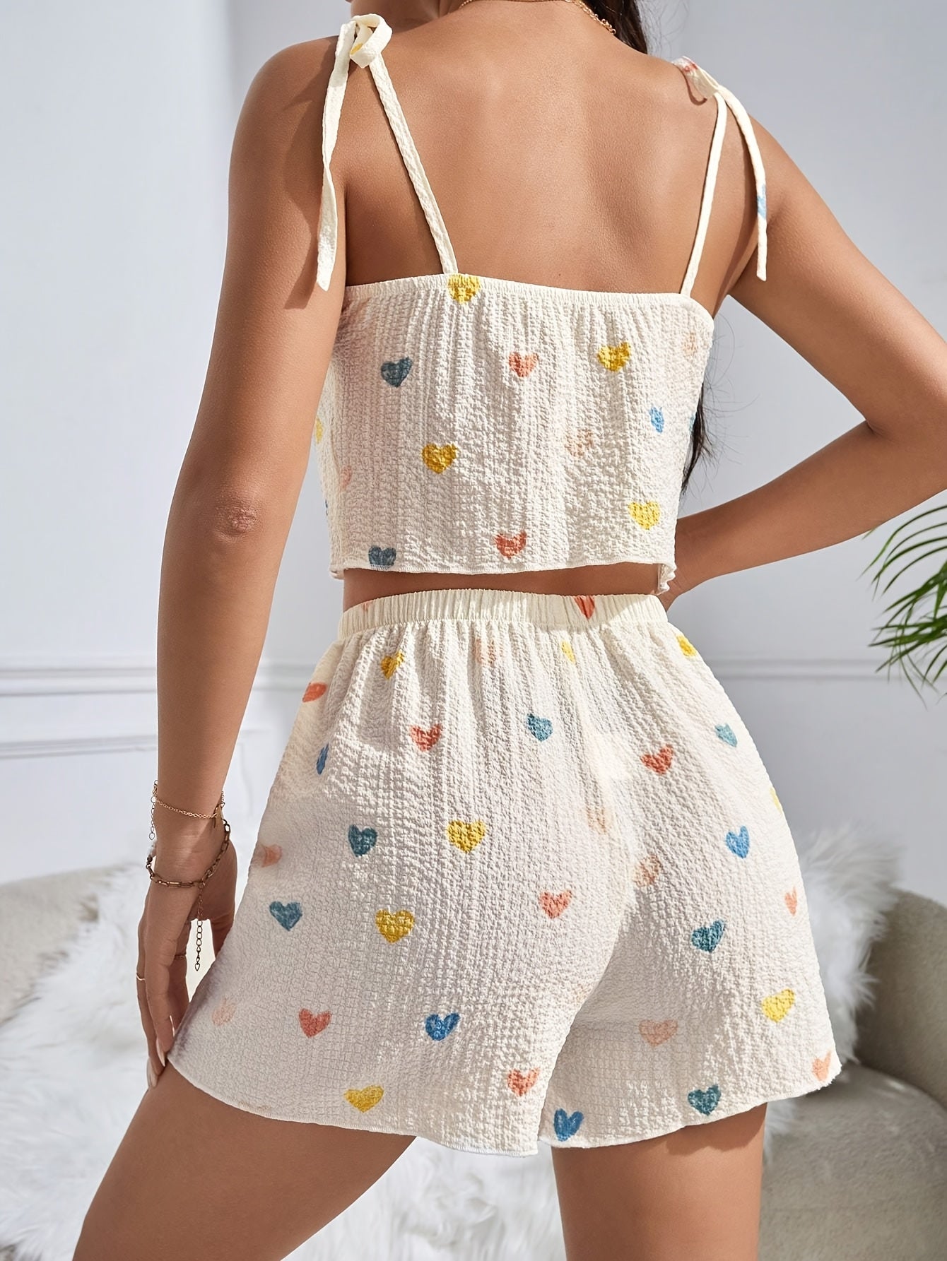 [QEILS Sexy Pajama Sets] QEILS Women's Sexy Pajama Sets - Polyester Blend, Heart Pattern, Strapless, Short Sleeve, Spring/Summer/Fall Loungewear, Casual Home Wear, Playful Design