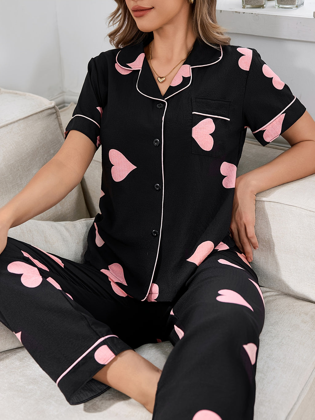 [Sweet Pajama Set] Sweet Colorful Women's Summer Pajama Set | Bubble Chiffon with Short Sleeves and Long Pants, Button-Top and Trousers for Home Wear