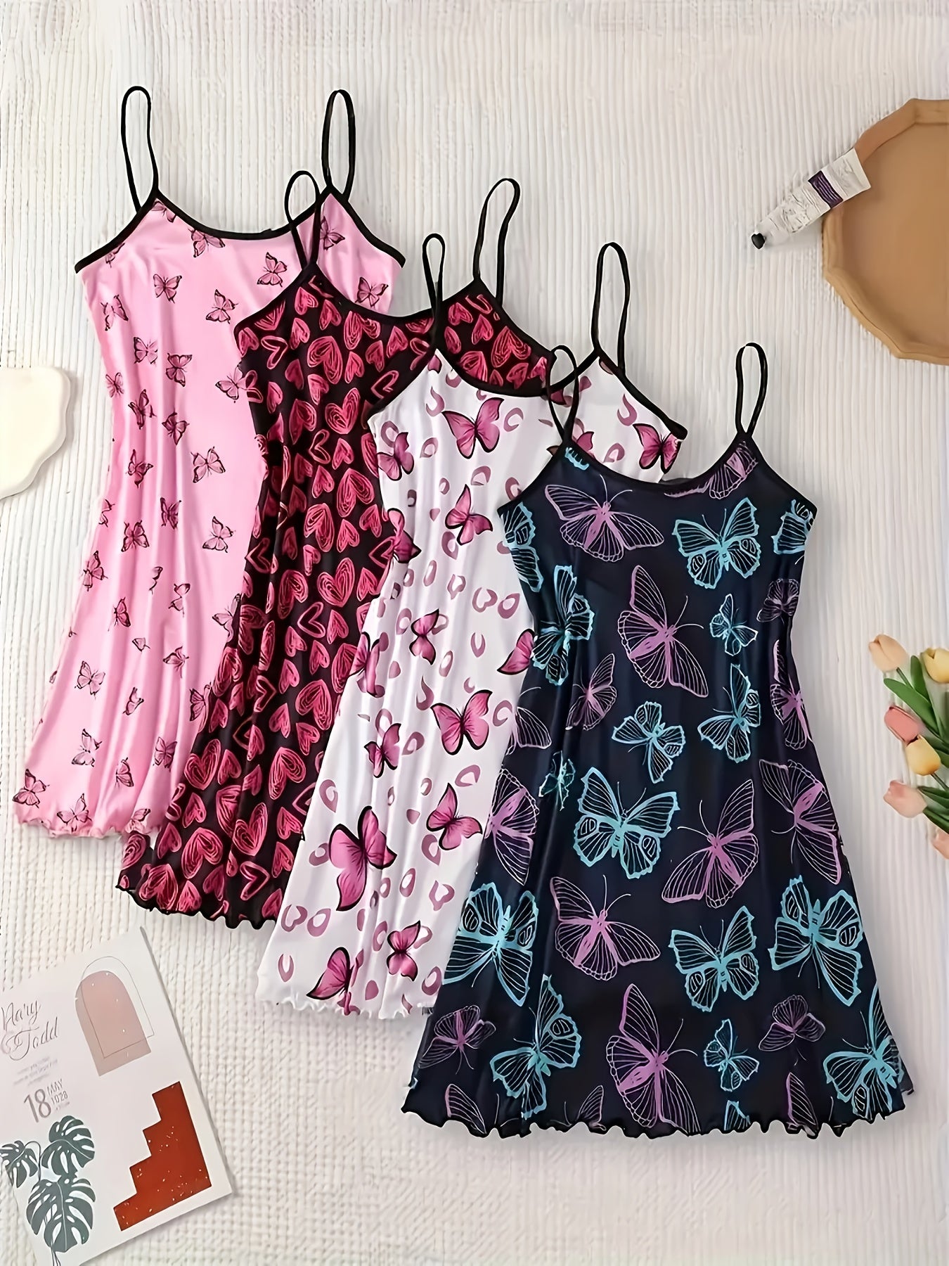 [Sexy Suspender Pajama Set] 4pcs Women's Sexy Cartoon Print Suspender Pajama Set - Comfortable Polyester Spandex Blend, Machine Washable