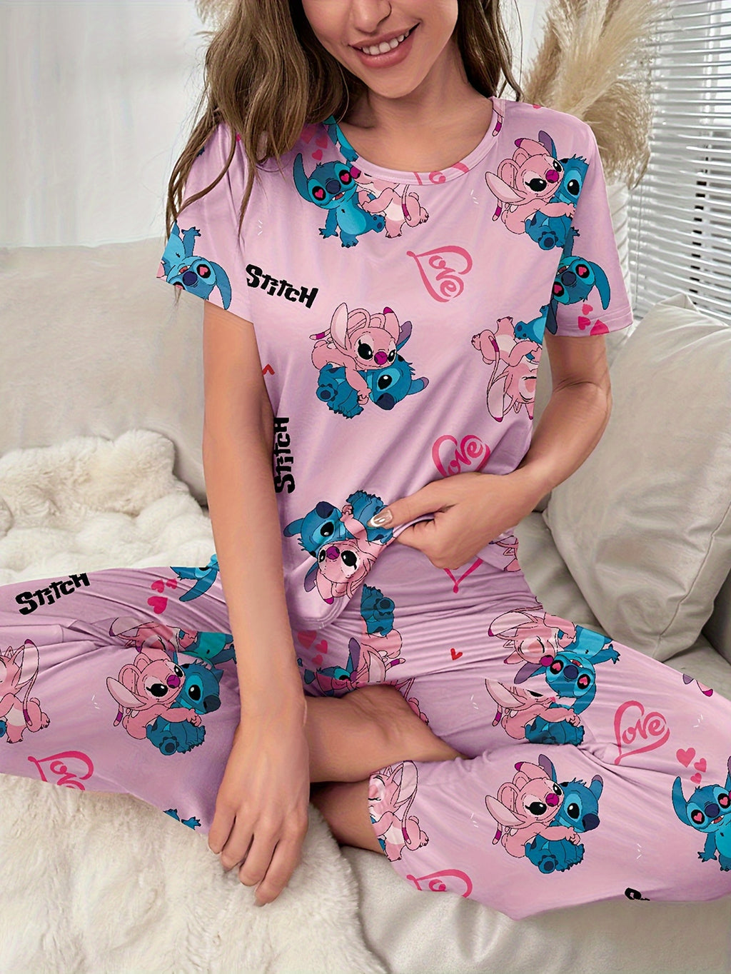 mrs. set stretch polyester fabric full Cute printed pajama set