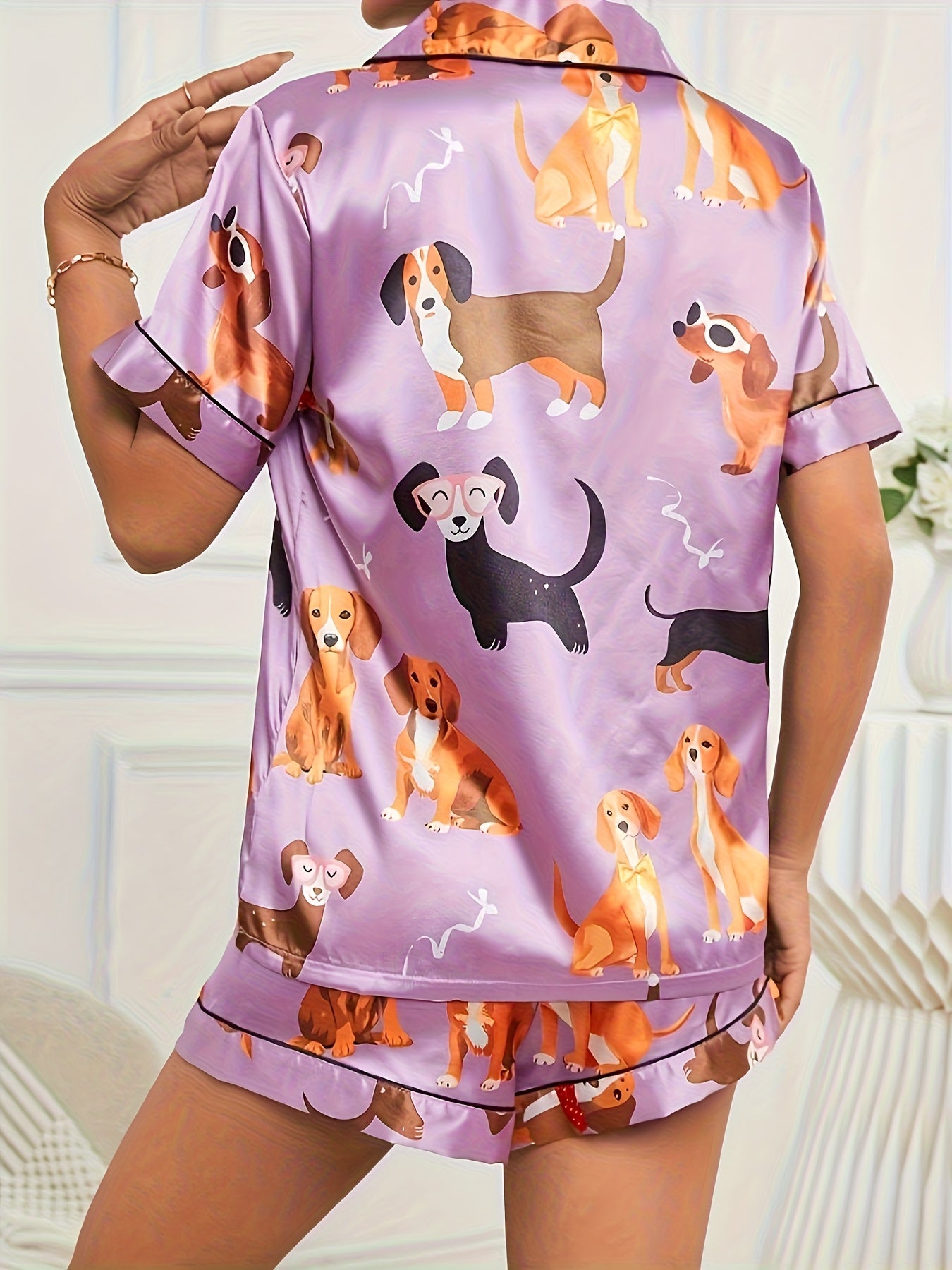 2pcss Satin Purple Cute Puppy Sleepwear Set, Women'S Short Sleeved Stand Up Collar Top And Shorts Sleepwear Home Wear, 2pcss Set