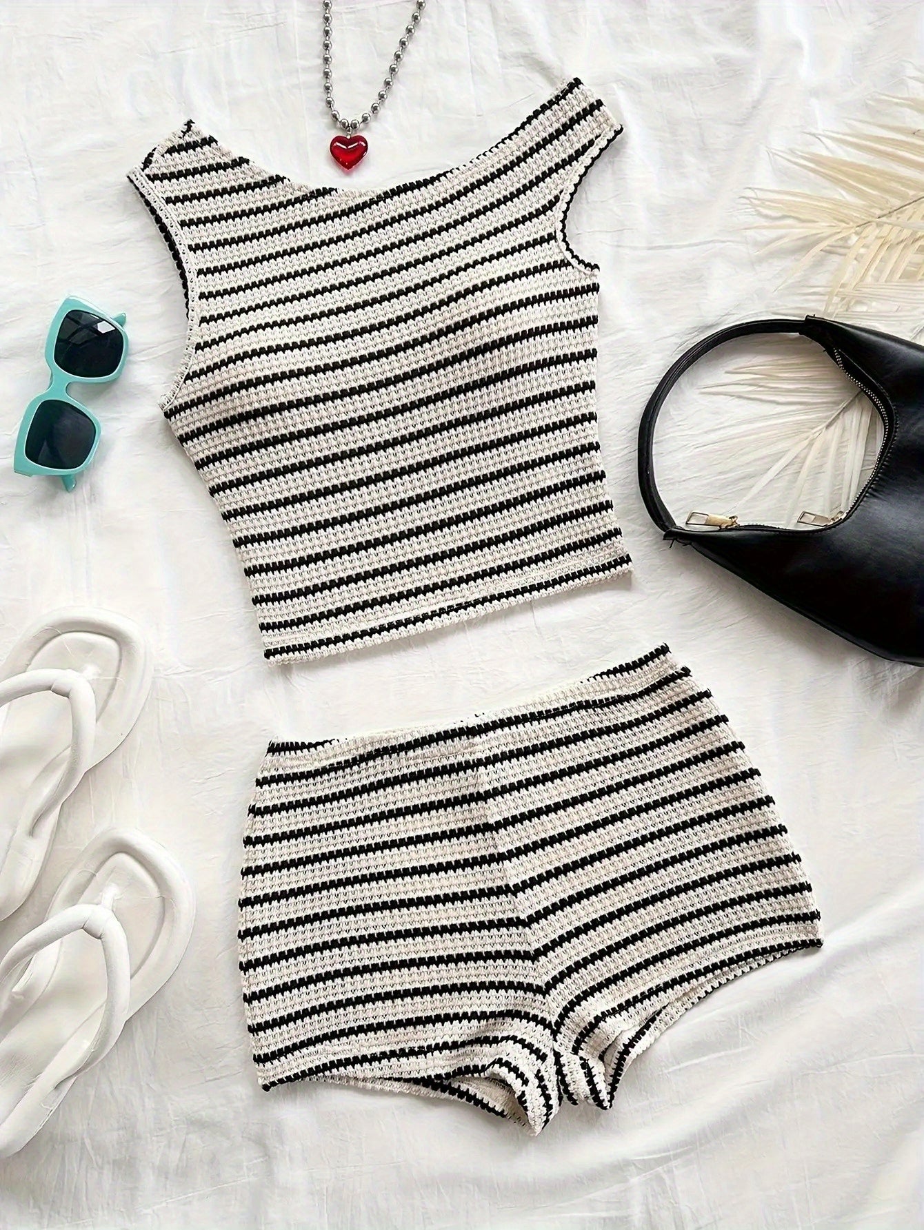 2pcs Set Women's Off-shoulder Vest Shorts Striped Pajama Set