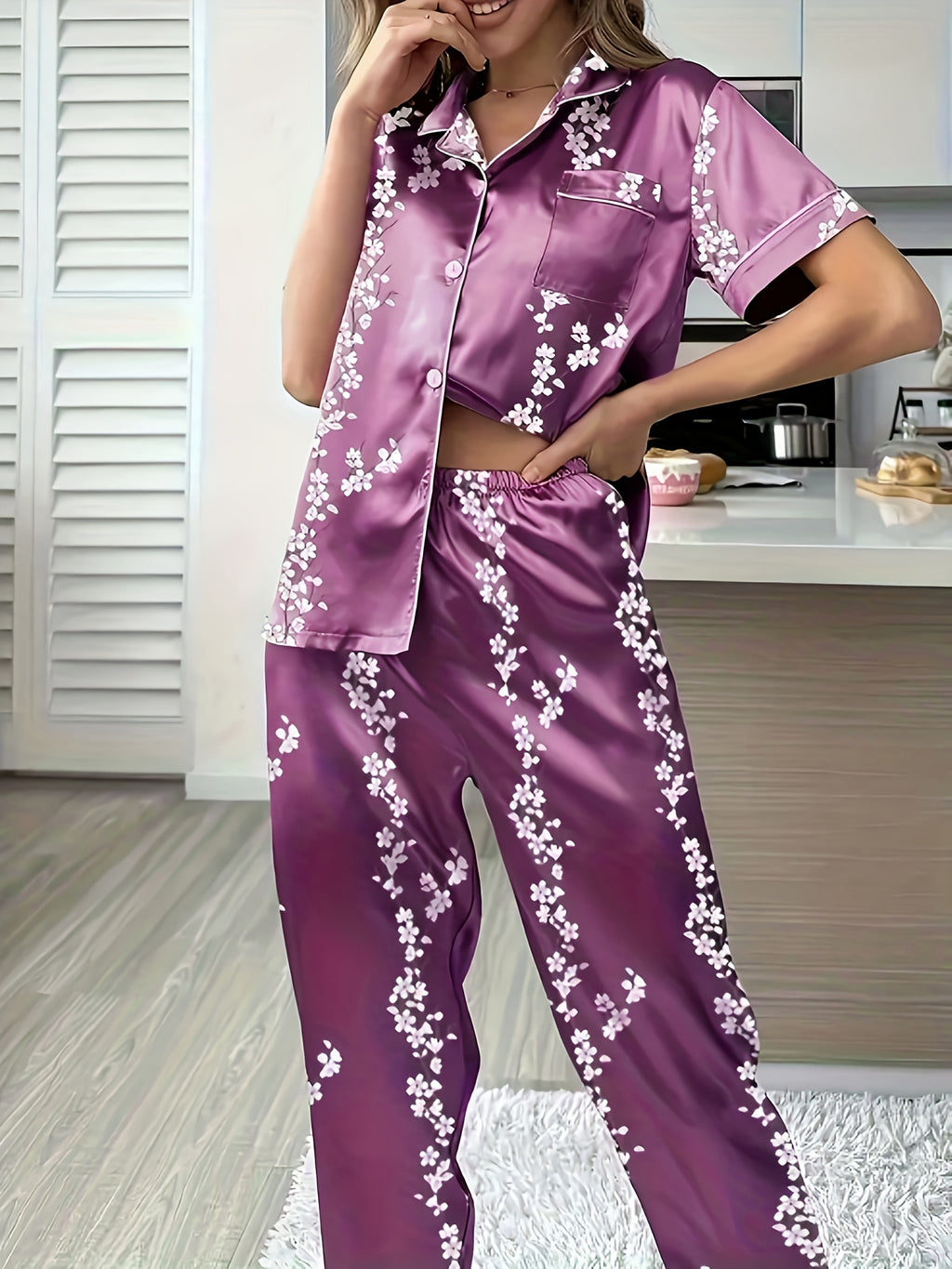 Women'S Pajama Set With Button Up Short Sleeved Shirt And Pants, Soft Casual Pajama Set