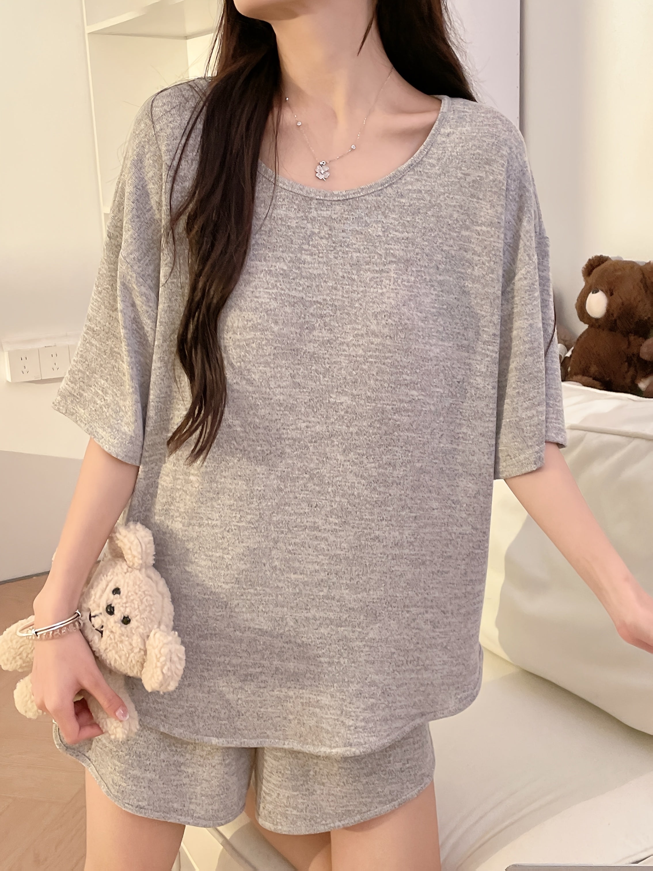 High-Quality Short Sleeve Shorts Solid Color Simple Loose Sleepwear with Built-in Bra Women's Summer Home Wear Two-Piece Set