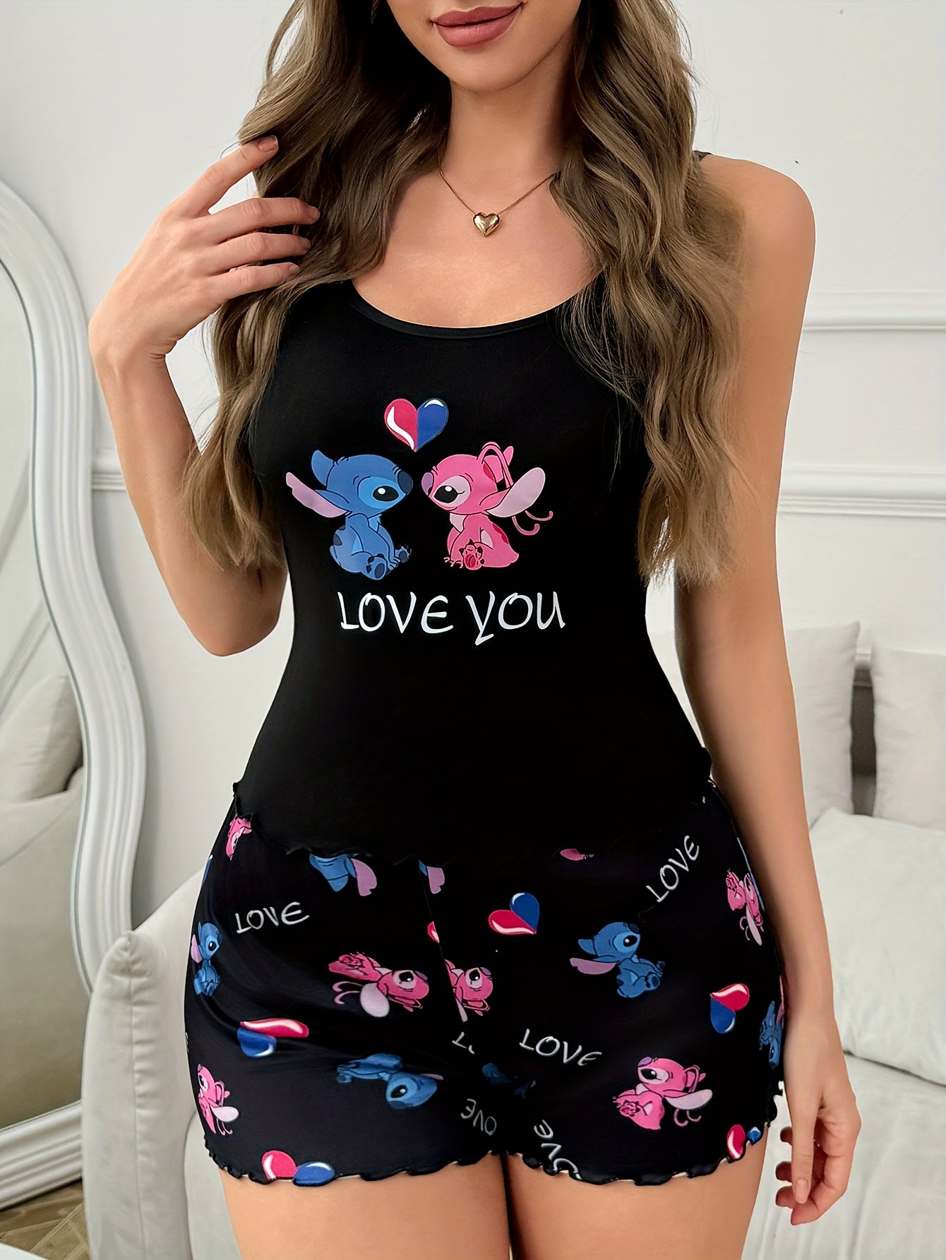 Disney themed Stitch and Angel Women'S Suspender Shorts Pajama Set Cute and Trendy Printed Suspender Top and Pants Two-Piece Set