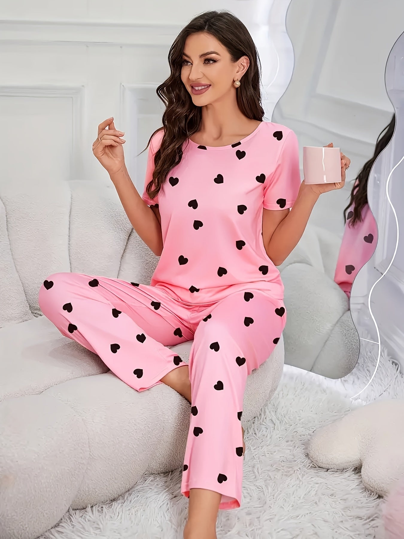 4pieces Sets Women'S Heart Print Pajamas Set, Casual Comfortable Short Sleeve T-Shirt & Elastic Waist Trousers Pj Set, Ladies Sleepwear For All Seasons