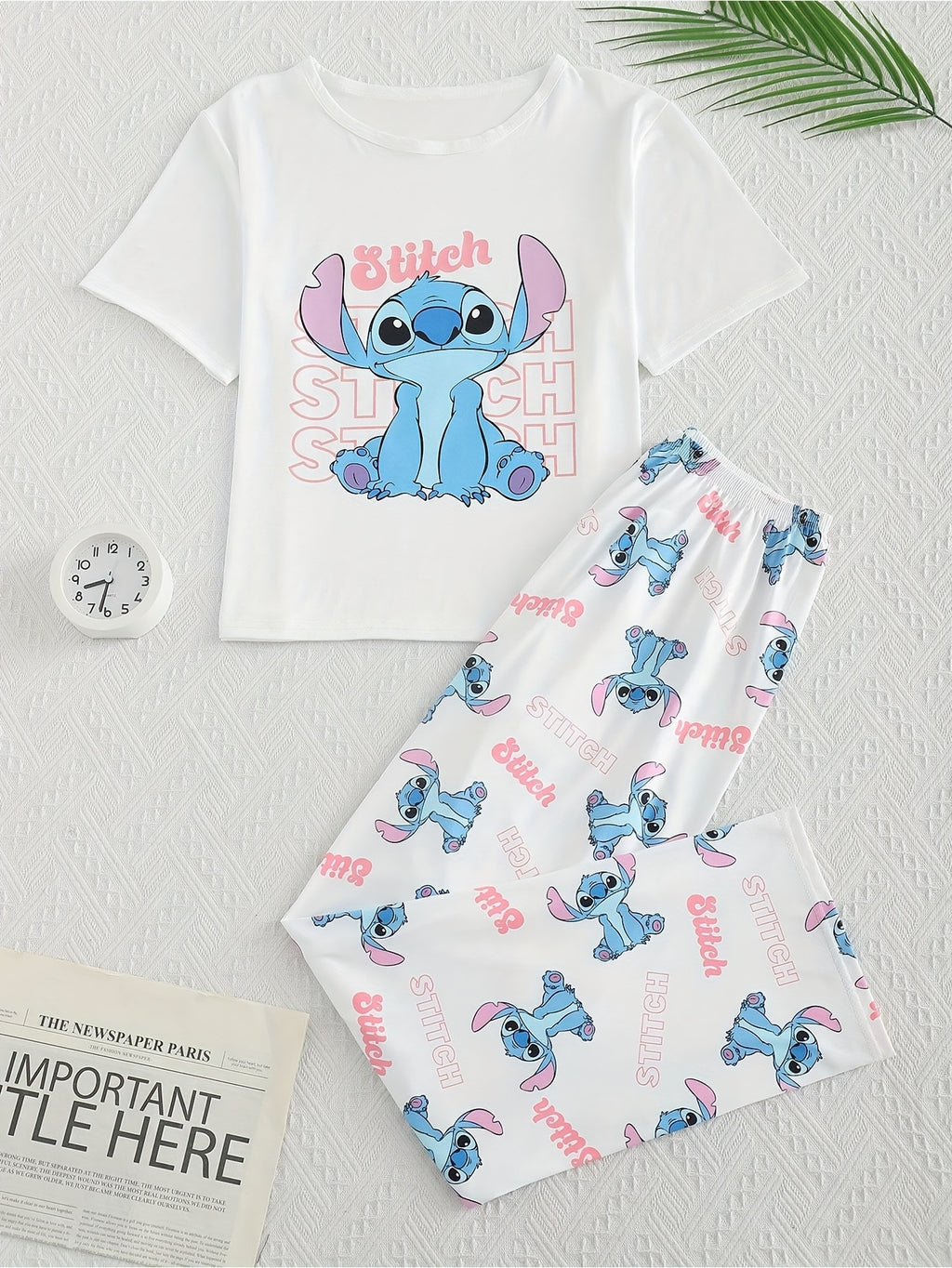Disney Stitch Two-piece Set Women'S Sleepwear Set, White Set with Cute Cartoon Print Of Stitch Pattern, Round Neck Short Sleeved Top And Pants, Comfortable Fabric Home Suit Set, Thin Material