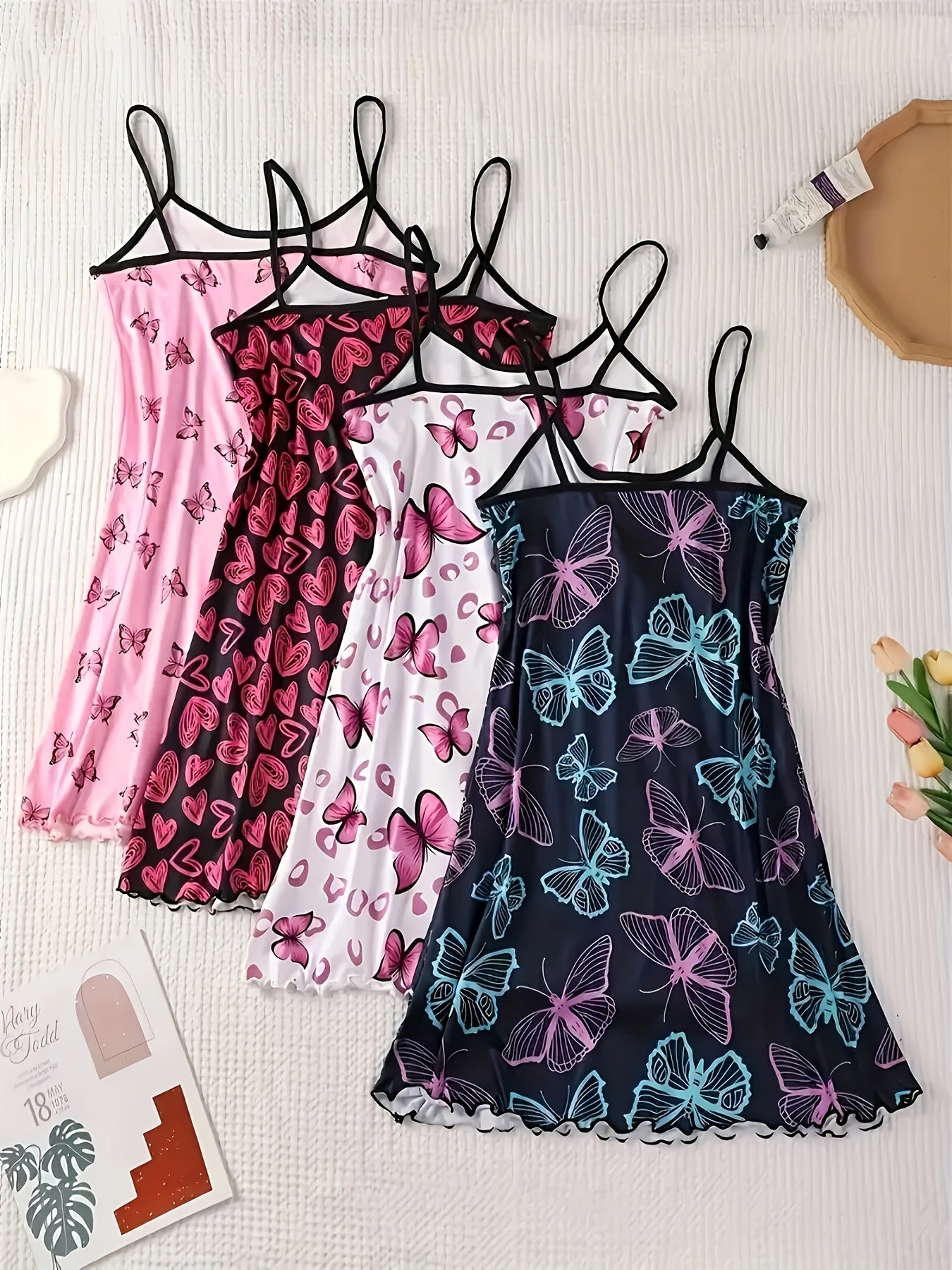 [Sexy Suspender Pajama Set] 4pcs Women's Sexy Cartoon Print Suspender Pajama Set - Comfortable Polyester Spandex Blend, Machine Washable