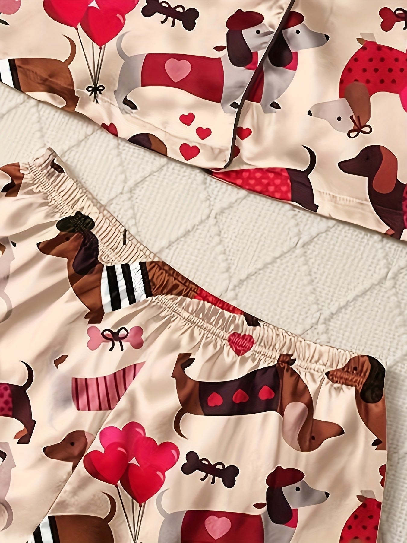 Colorful Dachshund Three-Piece Set: Pajama Top, Pants, and Dog Pajamas - Cozy Autumn/Winter Outfit with Playful Animal Print, Casual Style, Polyester Blend, Adult Size, Cute Pajamas