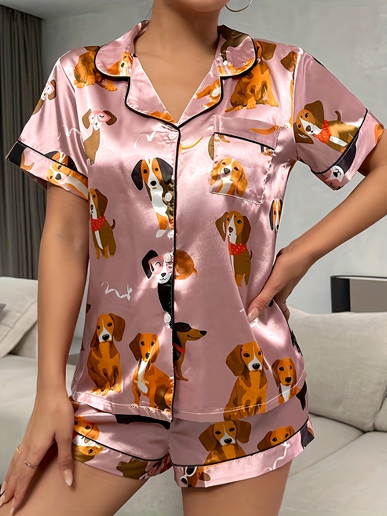 2pcs Set Of Satin Bean Paste Cartoon Dog Pajamas, Women's Short Sleeved Stand Up Collar Top And Shorts Pajamas Home Wear, 2pcs Set