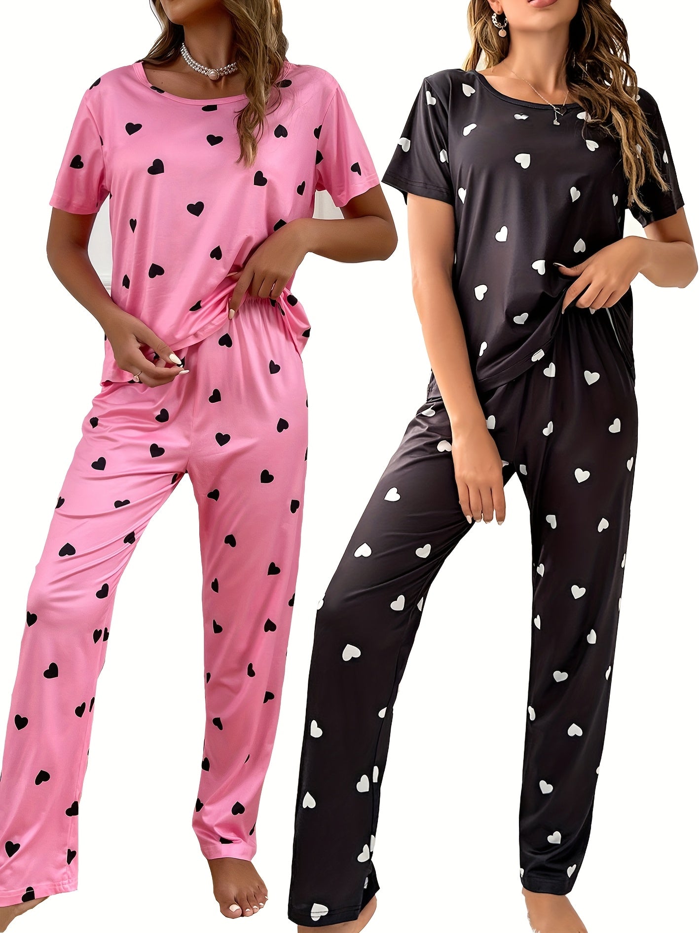 4pieces Sets Women'S Heart Print Pajamas Set, Casual Comfortable Short Sleeve T-Shirt & Elastic Waist Trousers Pj Set, Ladies Sleepwear For All Seasons