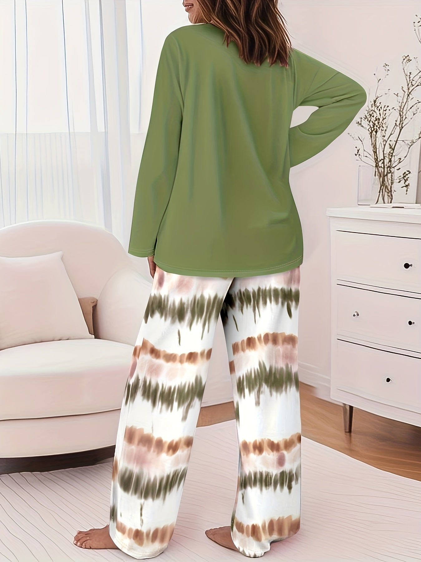 [Cozy Pajama Set] 2pcs Soft Breathable Autumn Winter Pajama Set for Adults | Oversized Round Neck Long Sleeve Top & Pants with Abstract Print, Machine Washable, Side Pockets, Cozy Lounge & Sleepwear, Home Comfort Wear, Bedtime Outfit, Loose Fit, Durable