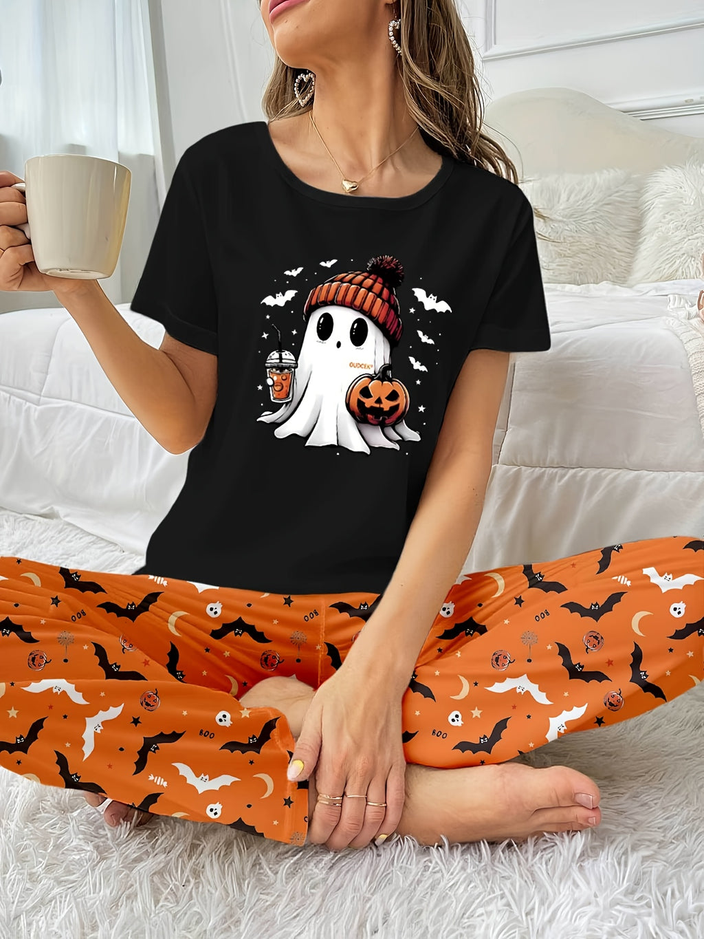 Women's 2pcs Halloween Pumpkin Print Short Sleeve and Long Pants Pajama Set