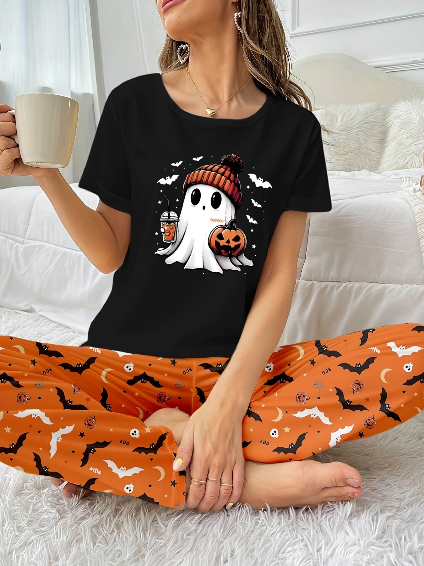 Women's 2pcs Halloween Pumpkin Print Short Sleeve and Long Pants Pajama Set