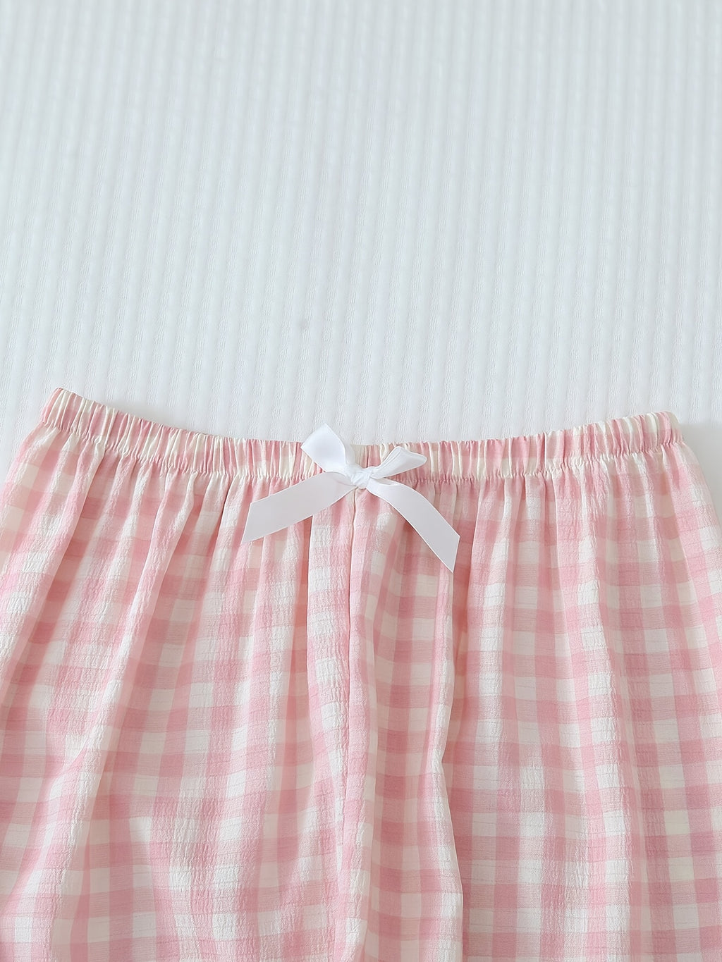 Checkered Print Pajama Set, Short-sleeved V-neck Button- Shirt And Stretch Trousers, Polyester Pajama Set, Machine Washable