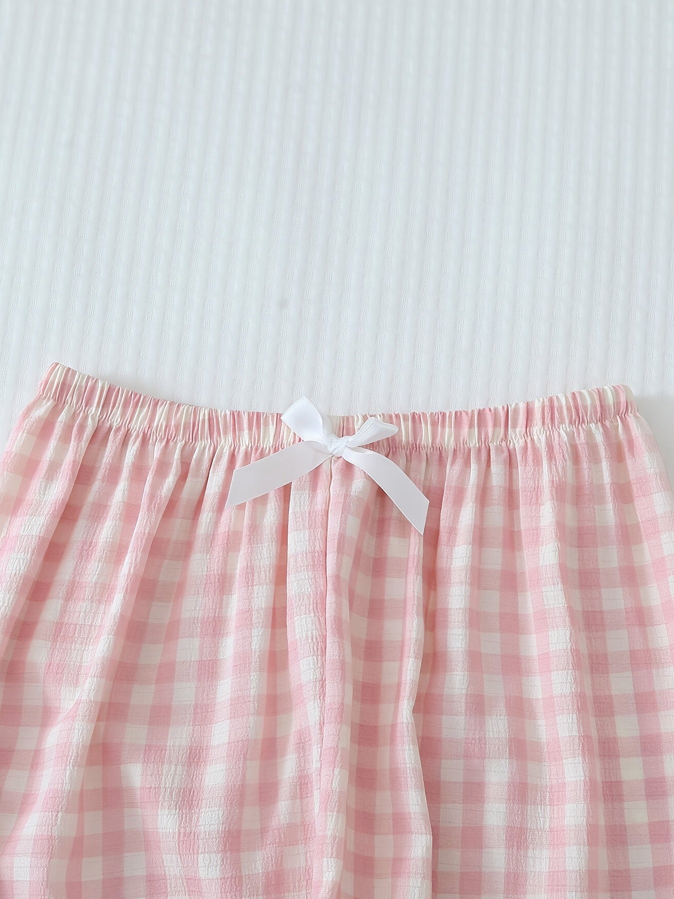 Checkered Print Pajama Set, Short-sleeved V-neck Button- Shirt And Stretch Trousers, Polyester Pajama Set, Machine Washable