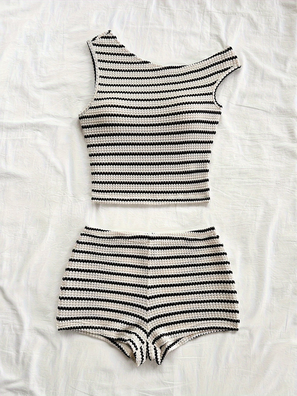 2pcs Set Women's Off-shoulder Vest Shorts Striped Pajama Set