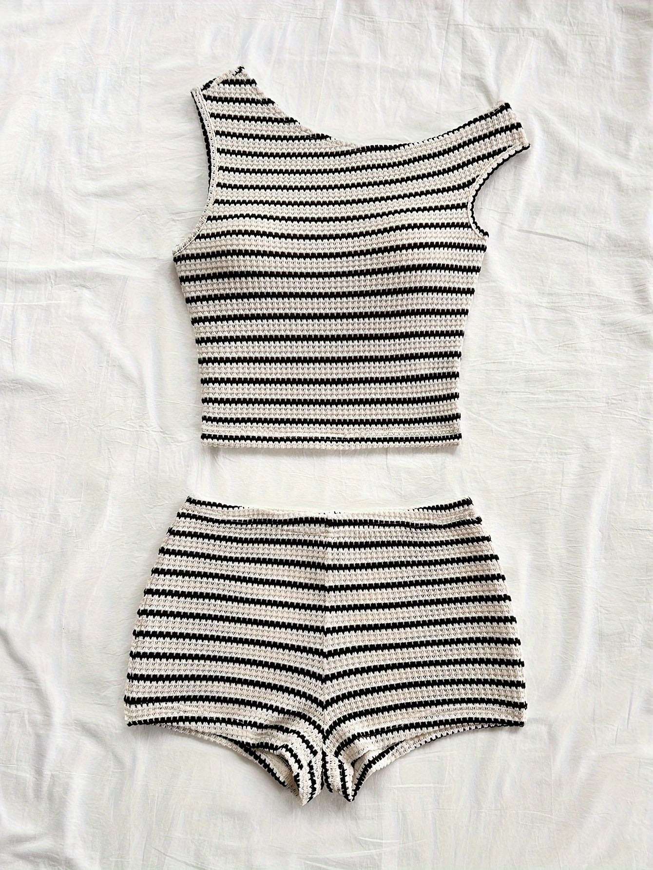2pcs Set Women's Off-shoulder Vest Shorts Striped Pajama Set