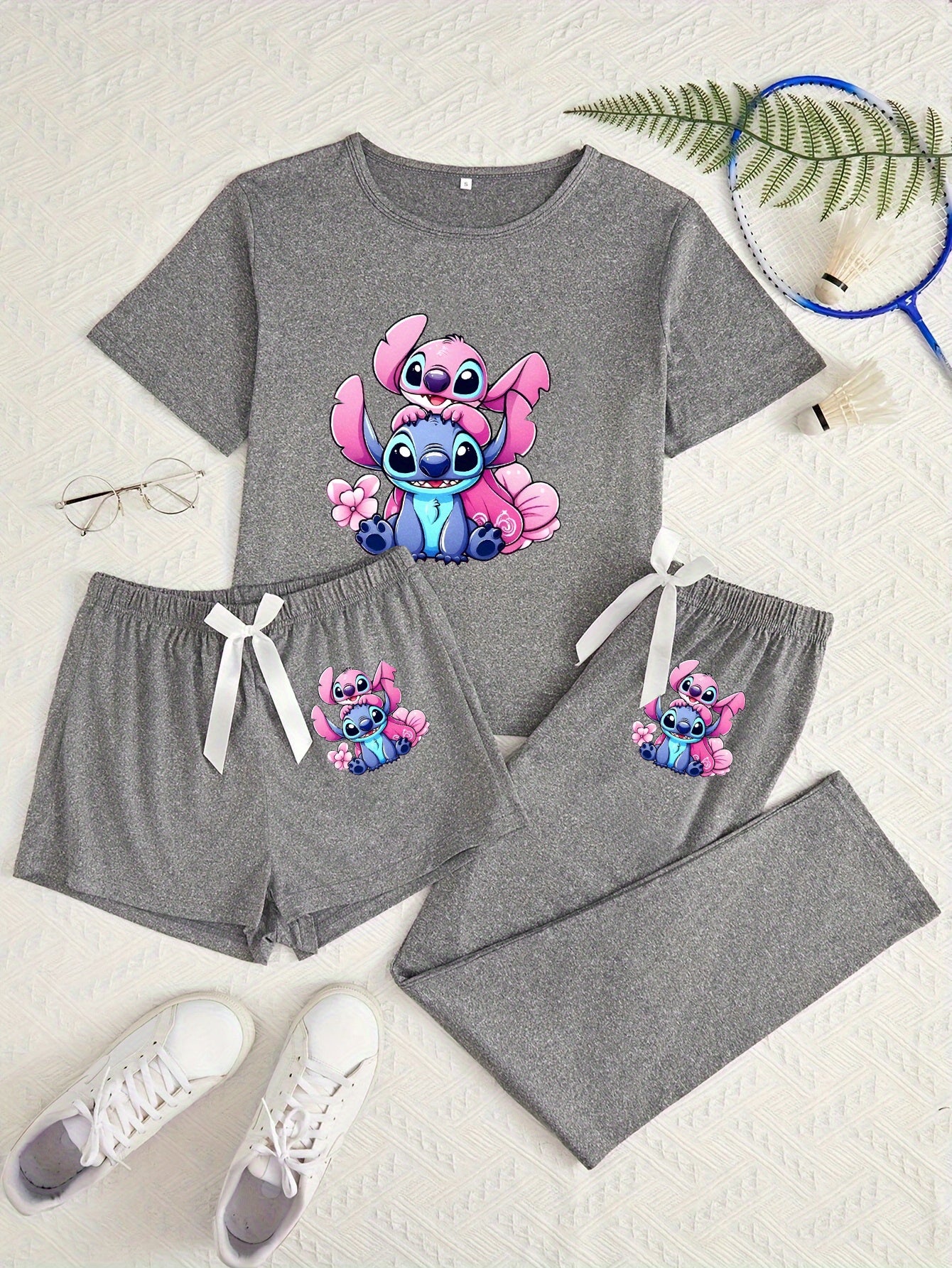 3pcs Stitch Cartoon Print Pajama Set - Black T-Shirt, Shorts & Pants with Pink & Blue Design, Soft & Comfortable, Perfect for All Seasons, Ideal Gift for Fans, Allseason Pajamas|Playful Design|Soft Fabric, Stitch Pajamas
