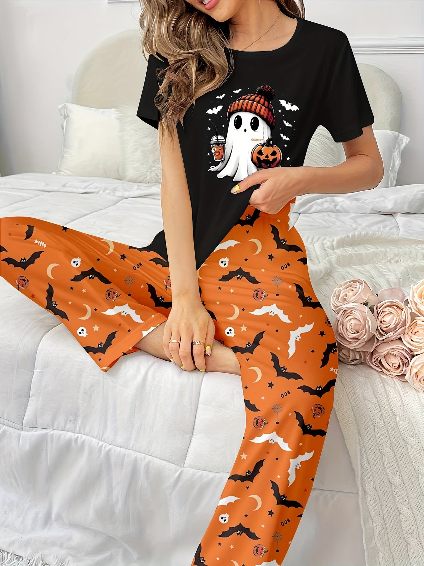 Women's 2pcs Halloween Pumpkin Print Short Sleeve and Long Pants Pajama Set