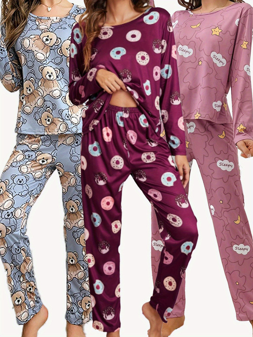3 Sets of 6pcs, Women'S Casual Polyester Tricolor Long-Sleeved Top, Long Pants Pajama Set with Eye Mask, Doughnut, Doll Bear, Moon And Star Print, Fabric, Long-Sleeved Top with Trousers, Comfortable Home Casual Loungewear Can Be Worn Outs