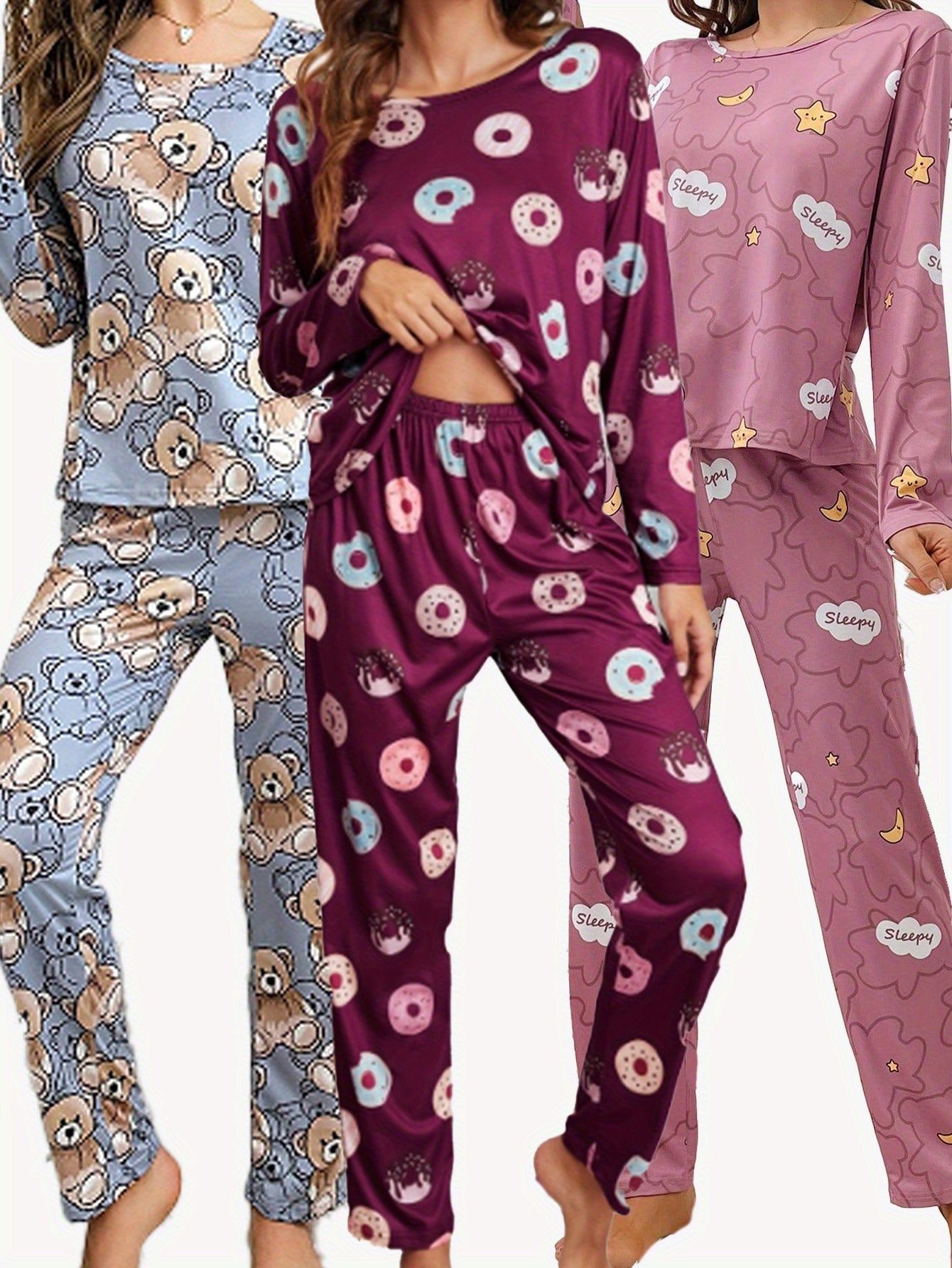 3 Sets of 6pcs, Women'S Casual Polyester Tricolor Long-Sleeved Top, Long Pants Pajama Set with Eye Mask, Doughnut, Doll Bear, Moon And Star Print, Fabric, Long-Sleeved Top with Trousers, Comfortable Home Casual Loungewear Can Be Worn Outs