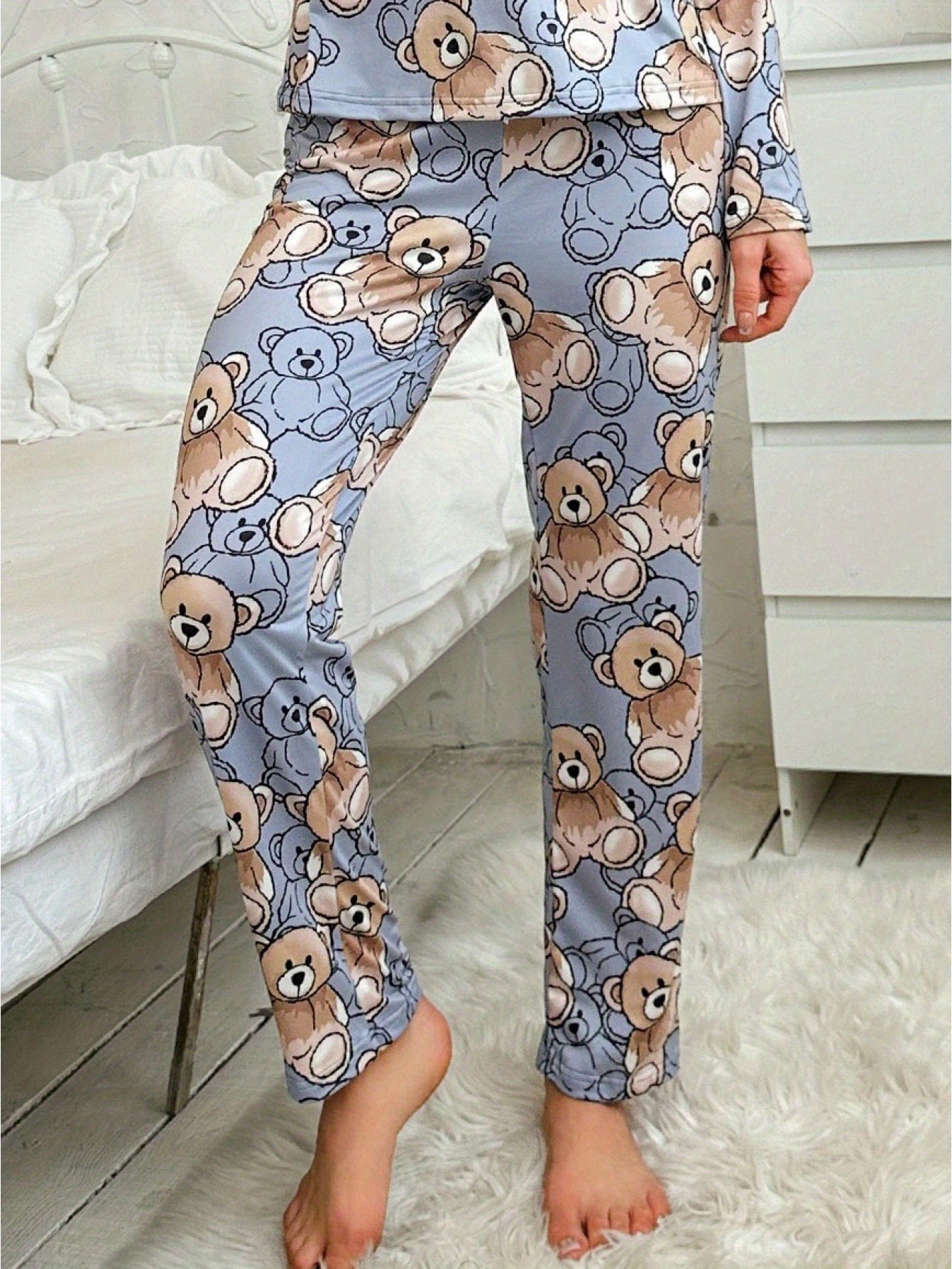 3 Sets of 6pcs, Women'S Casual Polyester Tricolor Long-Sleeved Top, Long Pants Pajama Set with Eye Mask, Doughnut, Doll Bear, Moon And Star Print, Fabric, Long-Sleeved Top with Trousers, Comfortable Home Casual Loungewear Can Be Worn Outs