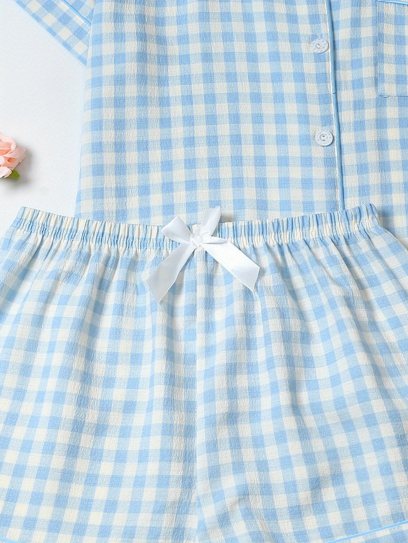 Women'S Casual Gingham Pajama Set - Short Sleeve Blouse with Button-Up & Shorts with Bow Detail, Soft & Breathable Fabric for Spring & Summer, Relaxed Fit, Casual Wear|Gingham Pattern|Short Sleeve Top, Gingham Pajamas