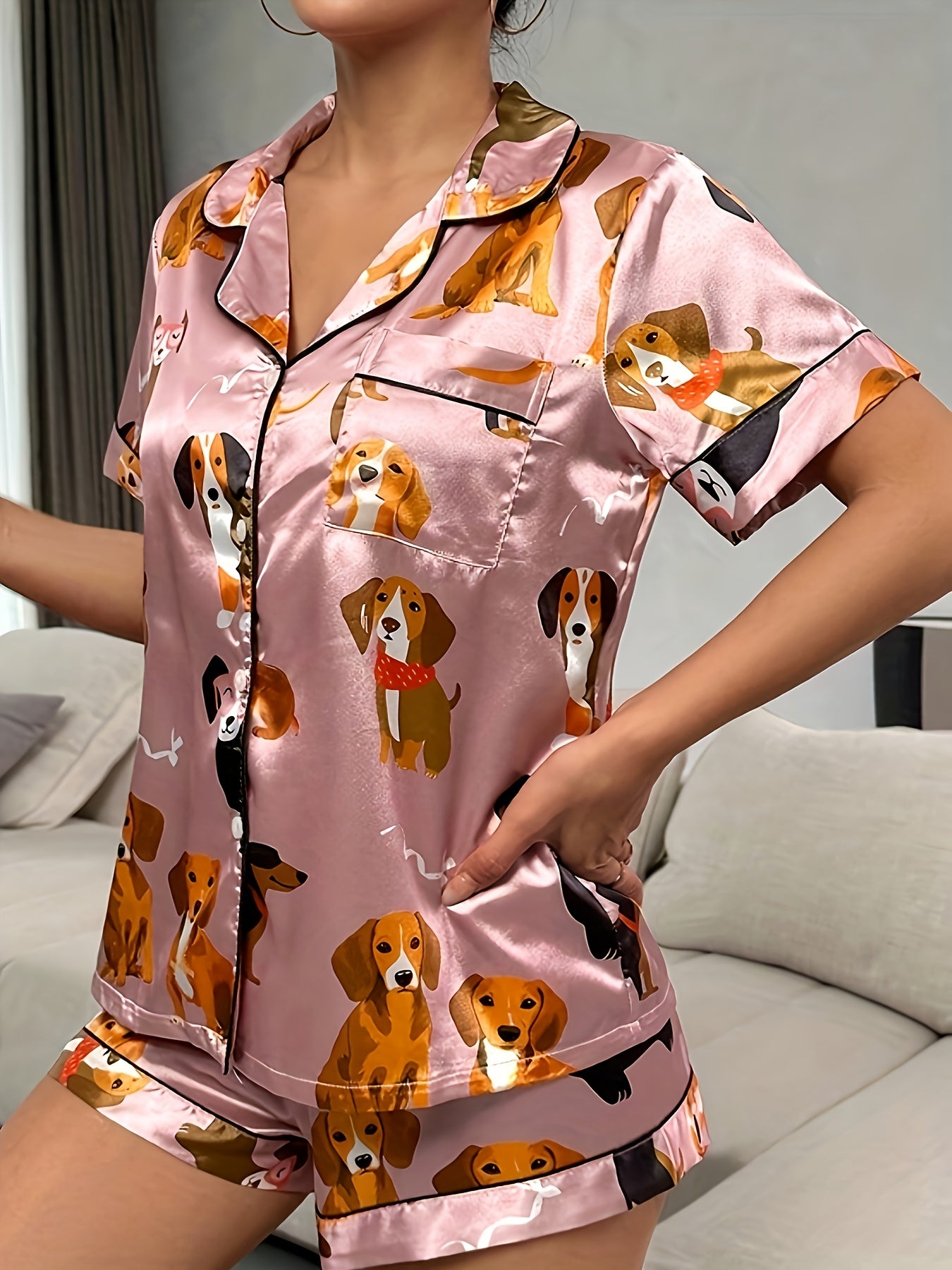 2pcs Set Of Satin Bean Paste Cartoon Dog Pajamas, Women's Short Sleeved Stand Up Collar Top And Shorts Pajamas Home Wear, 2pcs Set