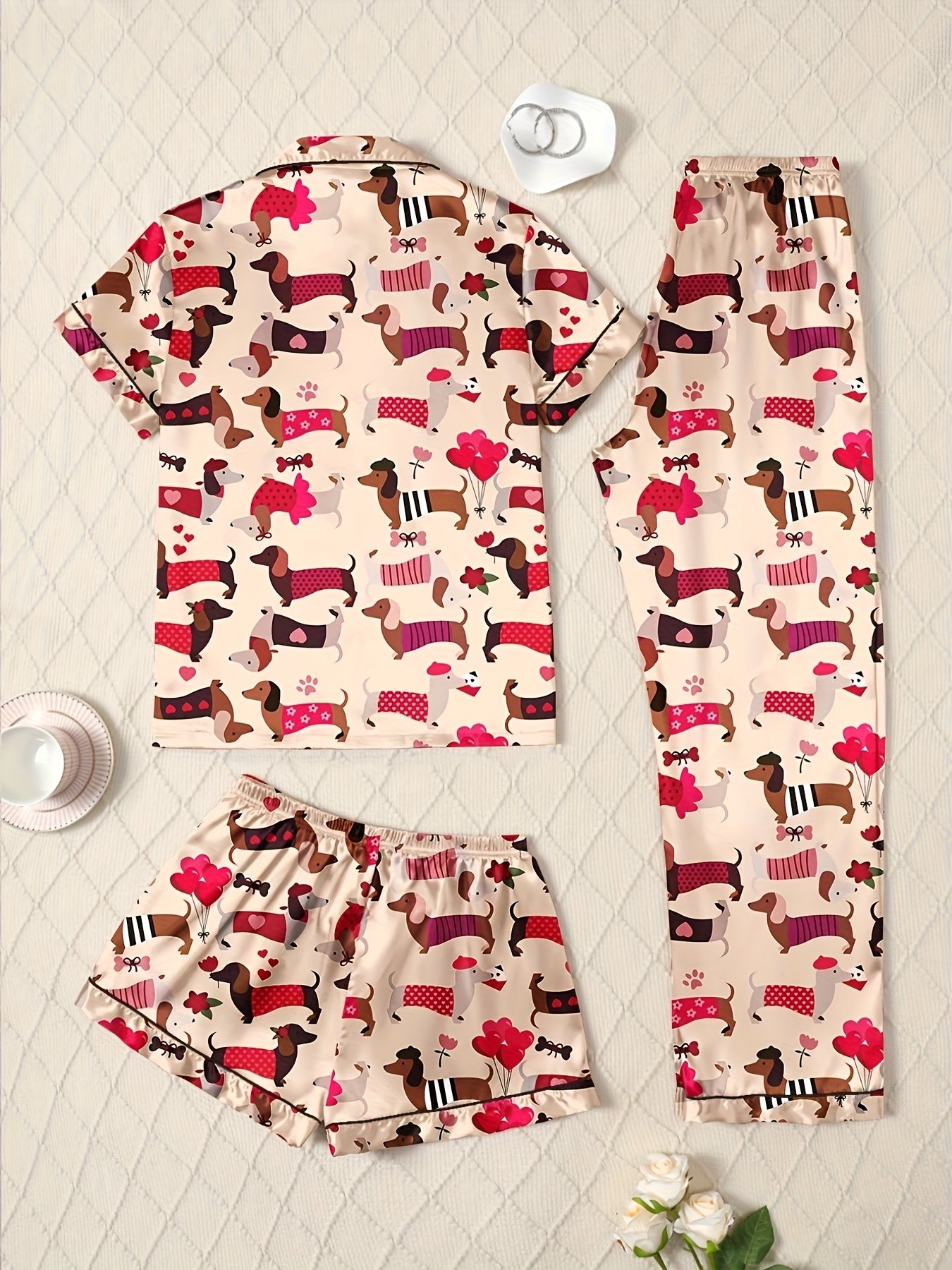 Colorful Dachshund Three-Piece Set: Pajama Top, Pants, and Dog Pajamas - Cozy Autumn/Winter Outfit with Playful Animal Print, Casual Style, Polyester Blend, Adult Size, Cute Pajamas