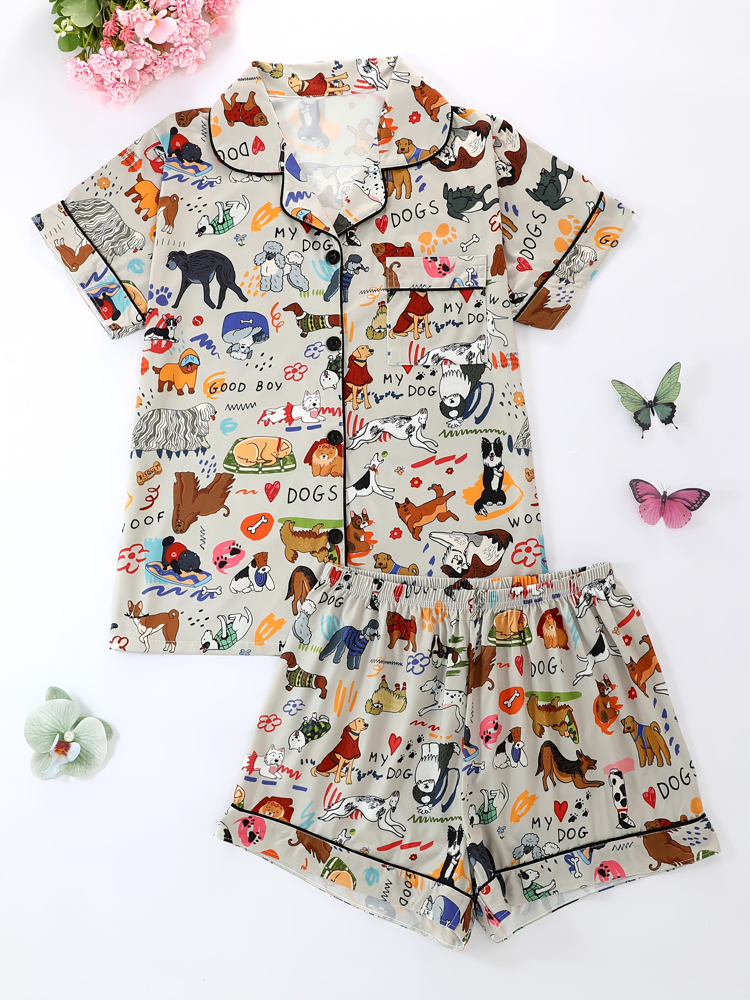 Women'S Pajama Set with Animal Print - Short Sleeve Button-Up Shirt & Loose Elastic Shorts, Cool Summer Wear, Casual All-Season Sleepwear and Loungewear, Polyester Fabric, Cute Pajamas
