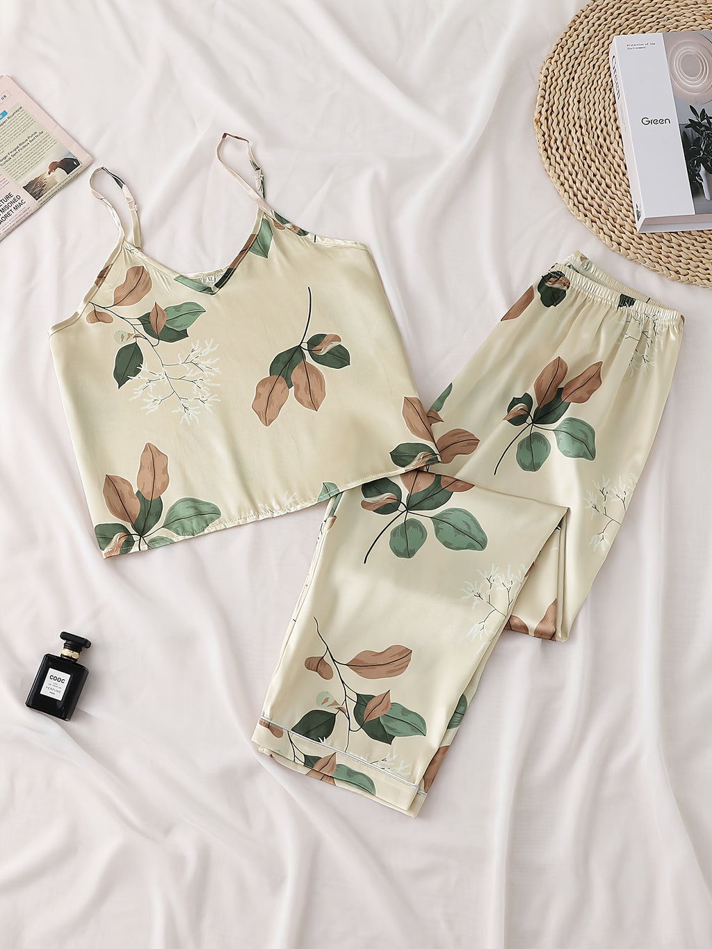 2pcs Set Of Satin Apricot Suspender Top, Tulip Patterned Pants, Sleepwear, Women's Suspender Top And Long Pants Sleepwear, Home Wear, 2pcs Set, Bedtime Pajamas, Cozy Nightwear, Elegant Sleepwear, Feminine Pajamas, Smooth Texture, Breathable Material,