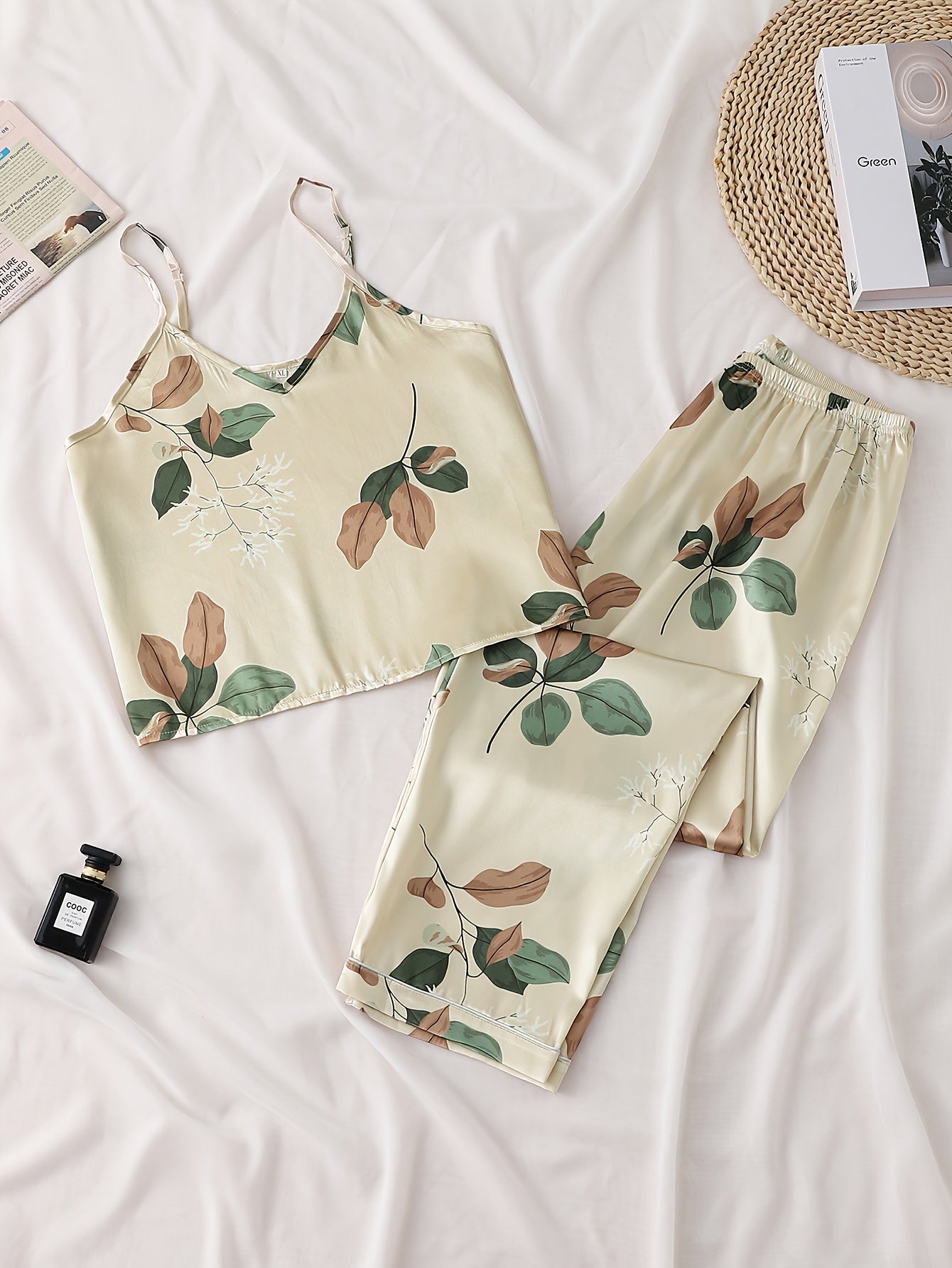 2pcs Set Of Satin Apricot Suspender Top, Tulip Patterned Pants, Sleepwear, Women's Suspender Top And Long Pants Sleepwear, Home Wear, 2pcs Set, Bedtime Pajamas, Cozy Nightwear, Elegant Sleepwear, Feminine Pajamas, Smooth Texture, Breathable Material,
