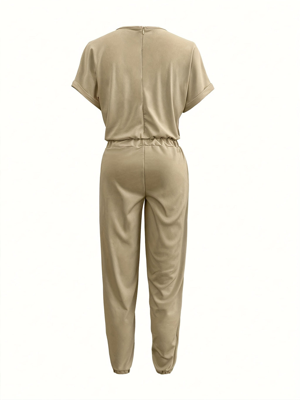 [Solid Color Suit] 2pcs Women Solid Color Casual Suit - Round Neck Short Sleeve Top And Drawstring Pocket Long Pants