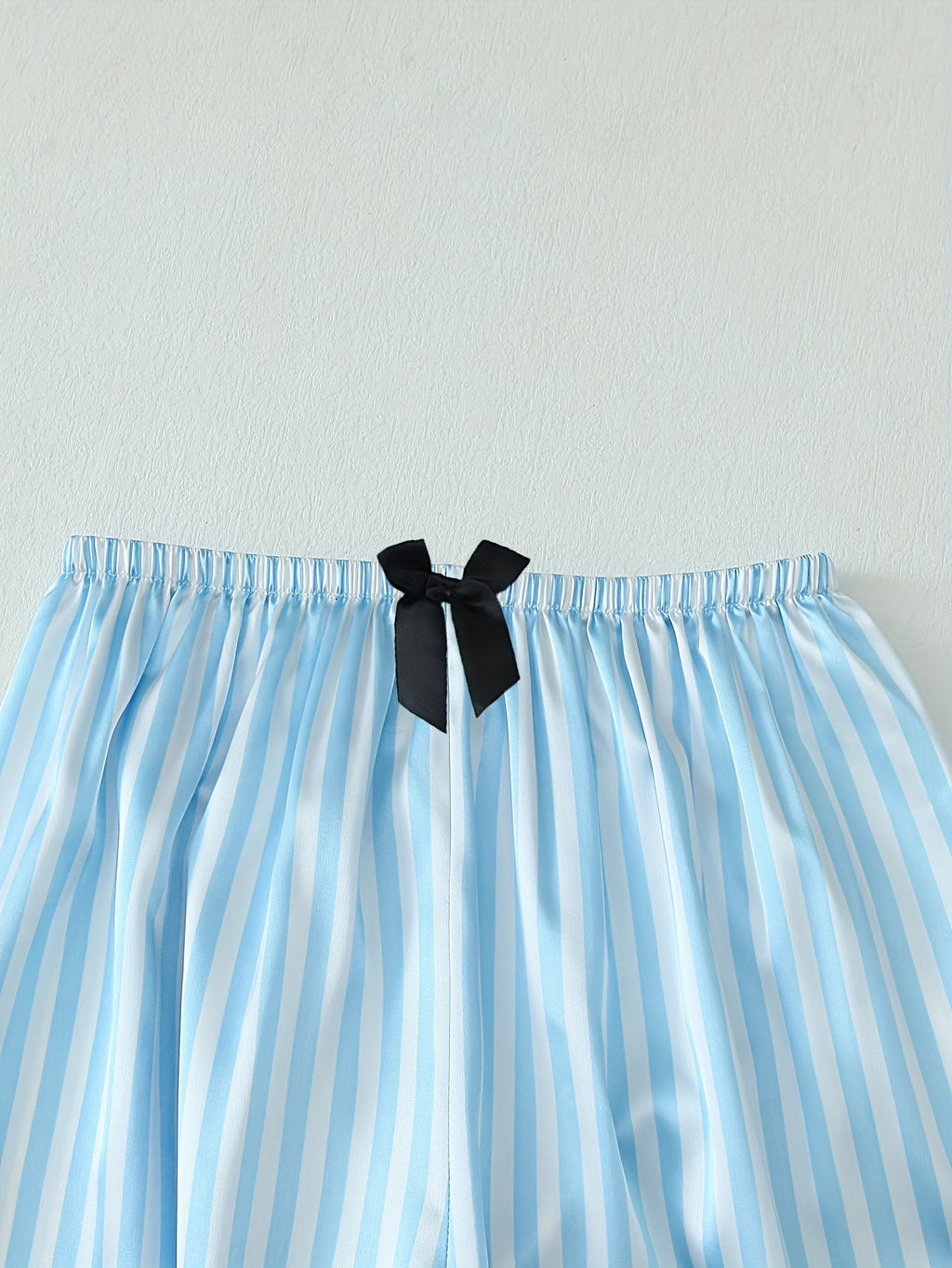 [2-Piece Satin Pajama Set] Satin Two-Piece Women's Pajama Set | Autumn Short Sleeve Hemmed Collar Top and Bow Trousers Striped