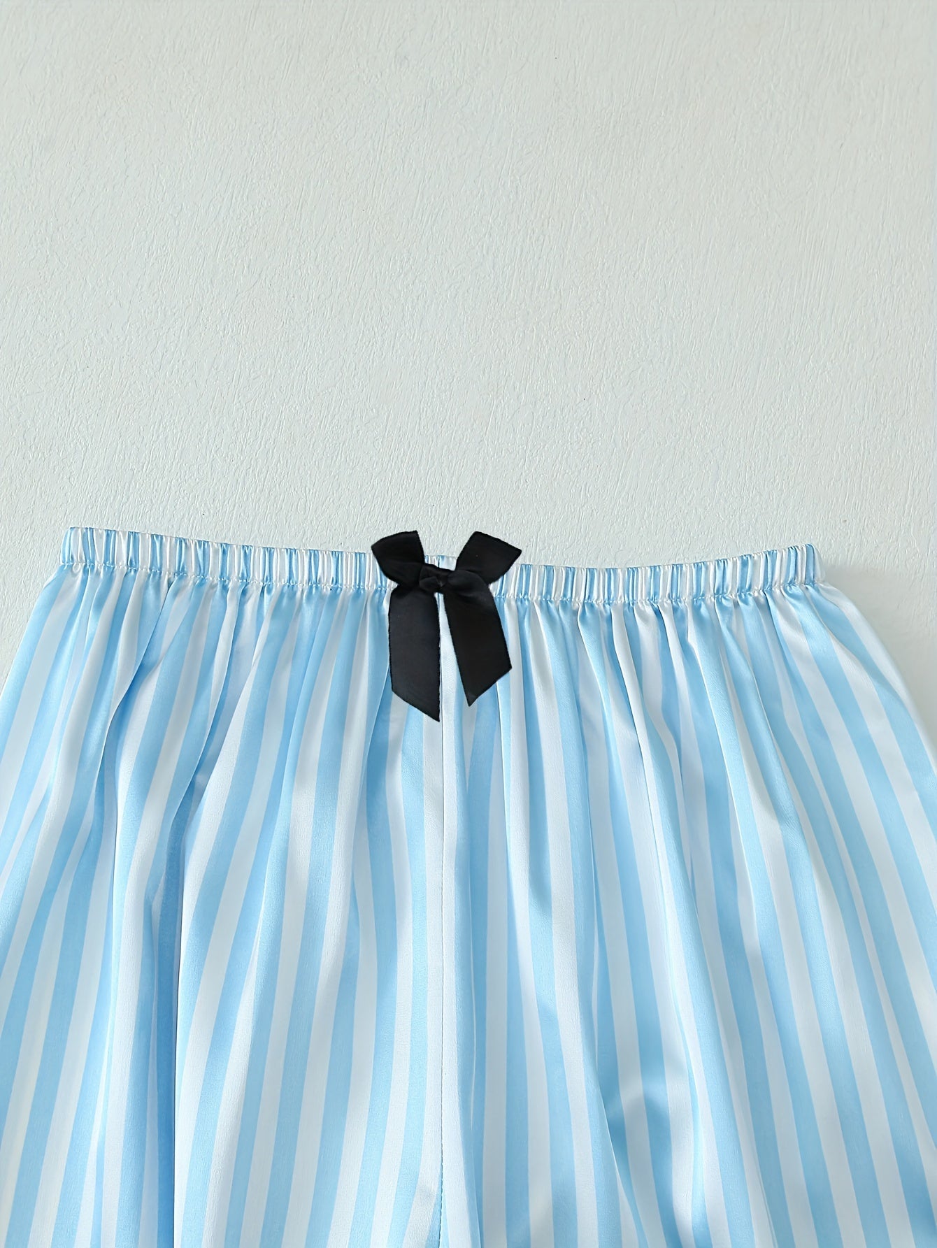 [2-Piece Satin Pajama Set] Satin Two-Piece Women's Pajama Set | Autumn Short Sleeve Hemmed Collar Top and Bow Trousers Striped