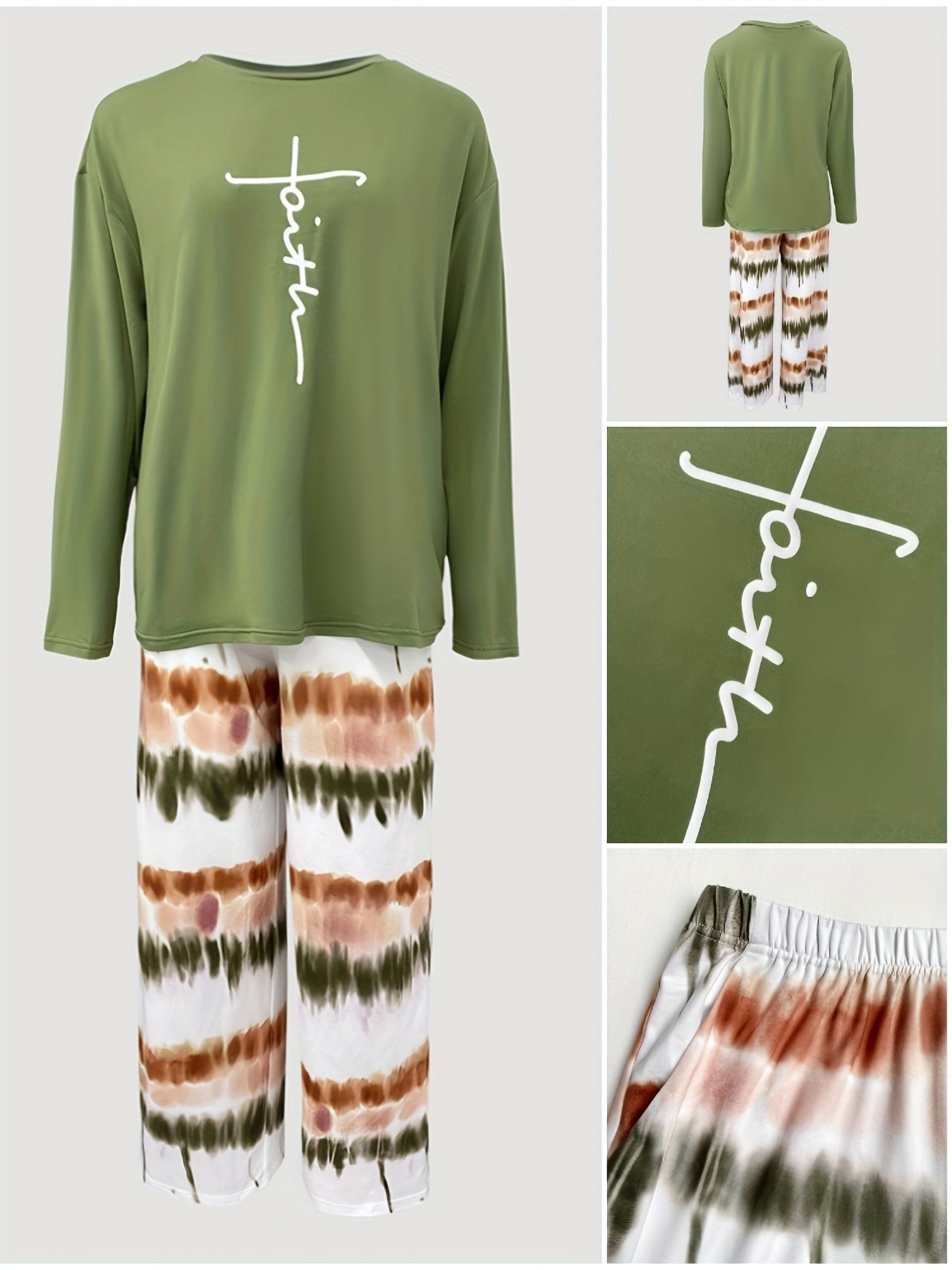 [Cozy Pajama Set] 2pcs Soft Breathable Autumn Winter Pajama Set for Adults | Oversized Round Neck Long Sleeve Top & Pants with Abstract Print, Machine Washable, Side Pockets, Cozy Lounge & Sleepwear, Home Comfort Wear, Bedtime Outfit, Loose Fit, Durable