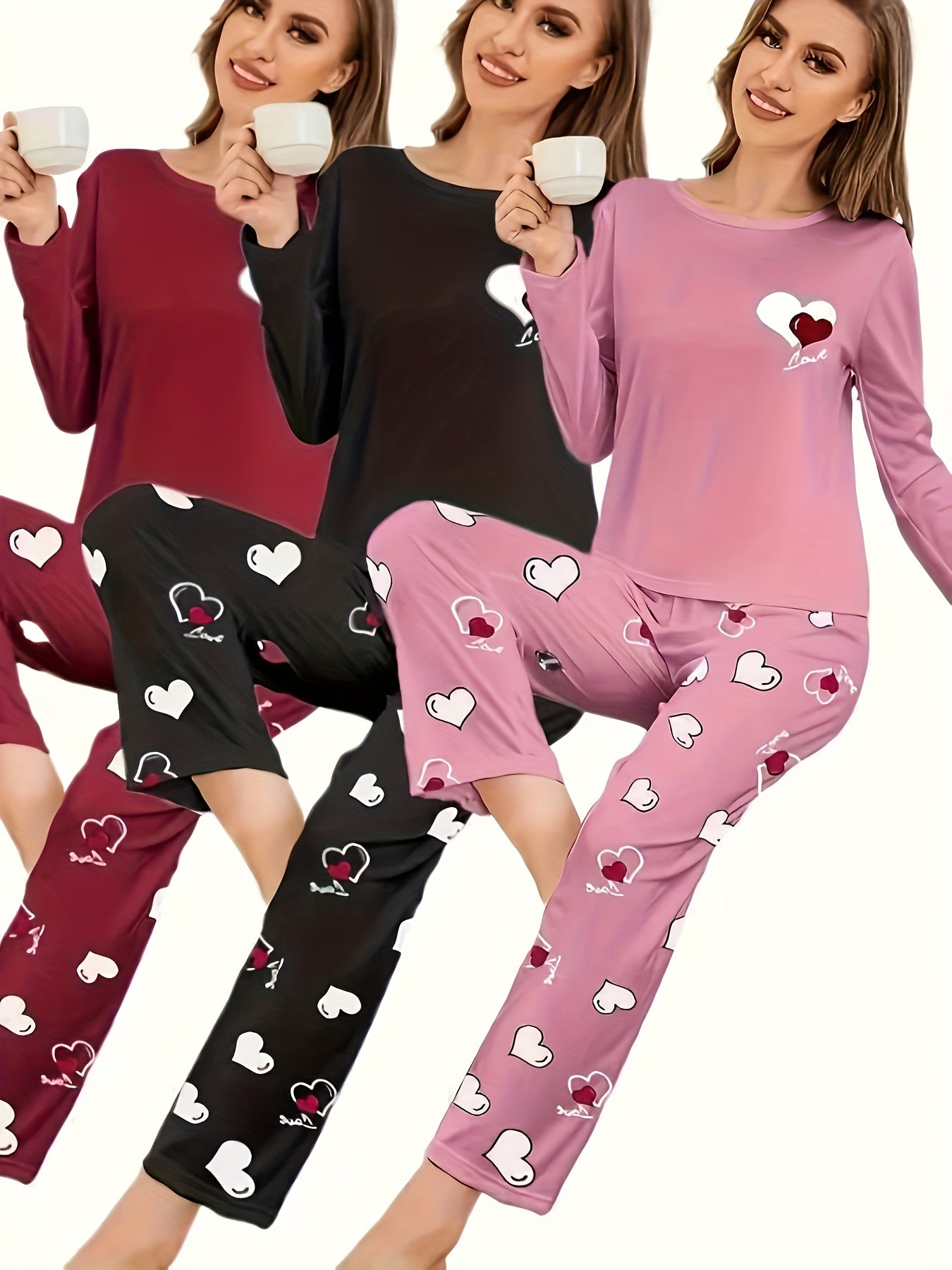 Women's New Autumn And Winter Style Heart-printed Pajama Set, Long-sleeved And Long Pants Six-piece Combination Set, Casual And Comfortable Home Wear