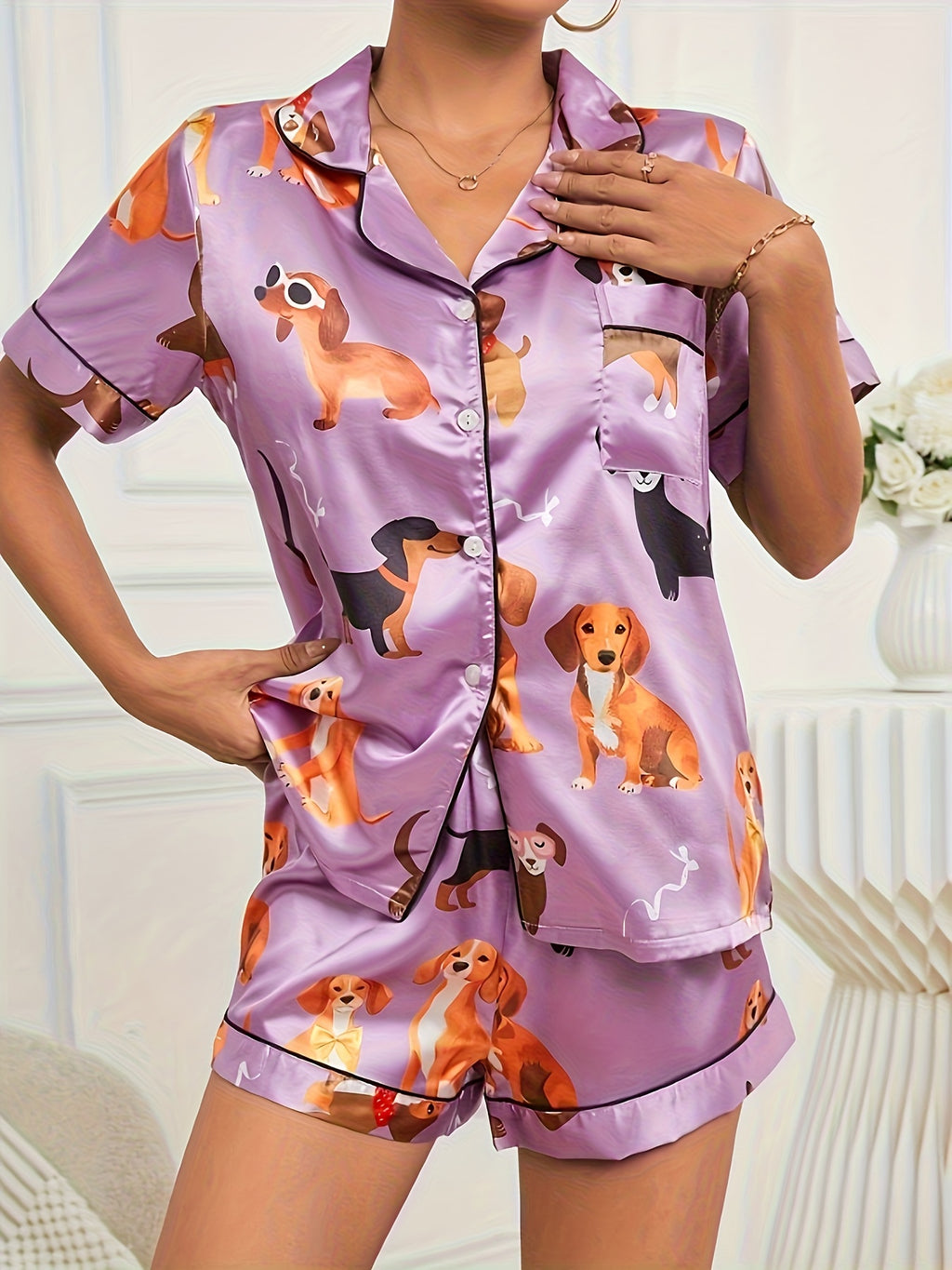 2pcss Satin Purple Cute Puppy Sleepwear Set, Women'S Short Sleeved Stand Up Collar Top And Shorts Sleepwear Home Wear, 2pcss Set