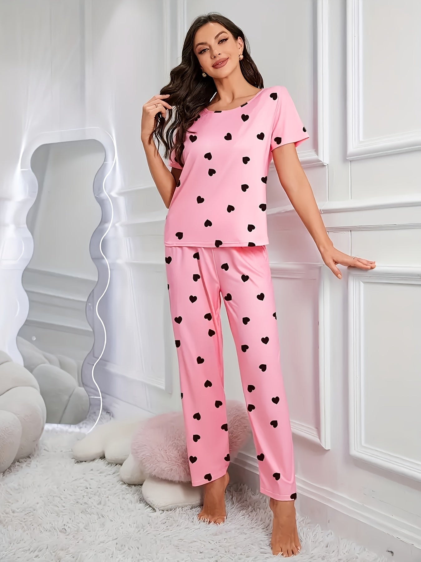 4pieces Sets Women'S Heart Print Pajamas Set, Casual Comfortable Short Sleeve T-Shirt & Elastic Waist Trousers Pj Set, Ladies Sleepwear For All Seasons