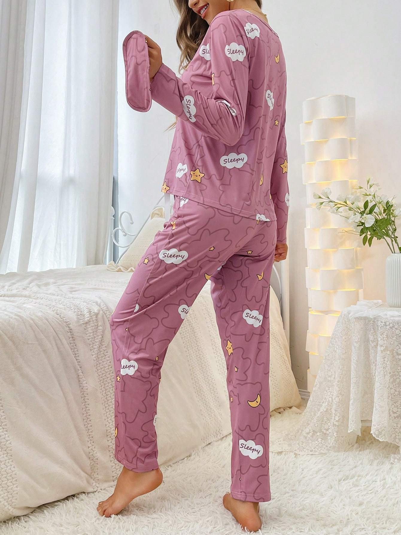 3 Sets of 6pcs, Women'S Casual Polyester Tricolor Long-Sleeved Top, Long Pants Pajama Set with Eye Mask, Doughnut, Doll Bear, Moon And Star Print, Fabric, Long-Sleeved Top with Trousers, Comfortable Home Casual Loungewear Can Be Worn Outs