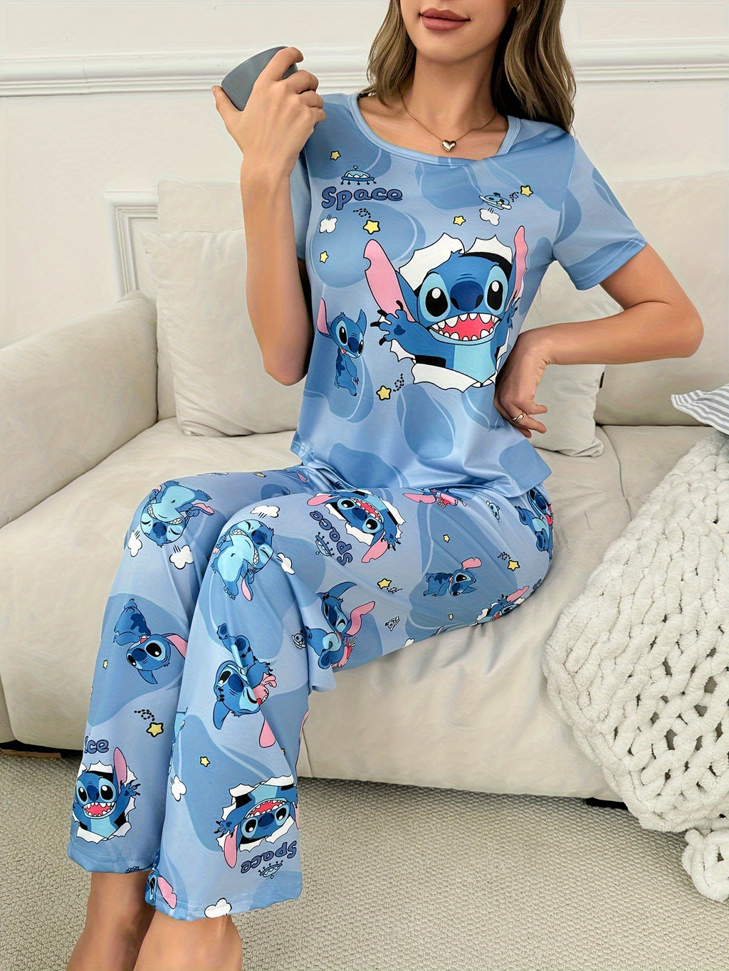 [Cute Printed Pajama Set] Cute Printed Women's Round Neck Short Sleeve Top | Star Pajama Set