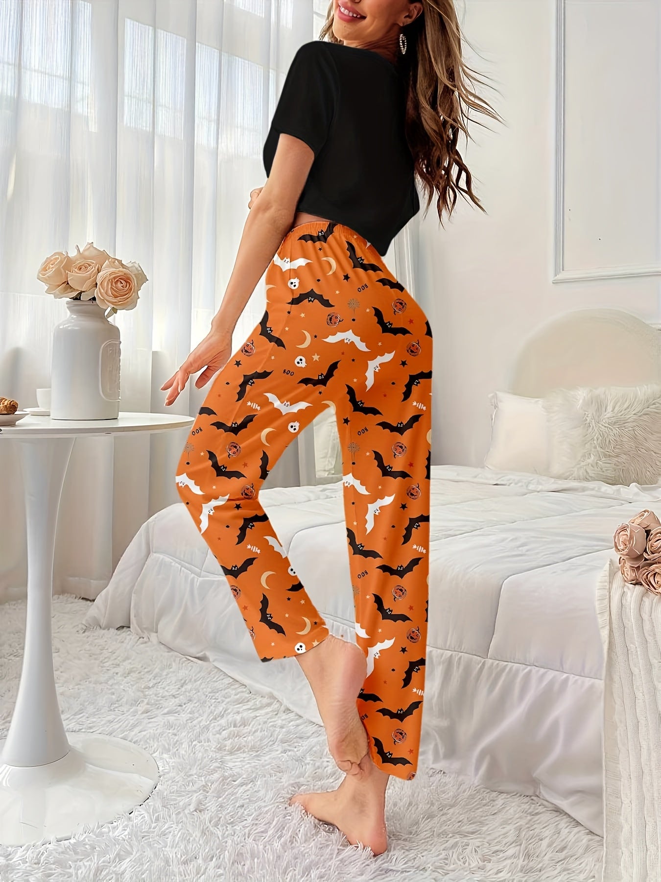 Women's 2pcs Halloween Pumpkin Print Short Sleeve and Long Pants Pajama Set